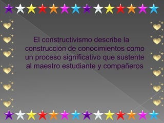 El constructivismo describe la
construcción de conocimientos como
un proceso significativo que sustente
al maestro estudiante y compañeros
 