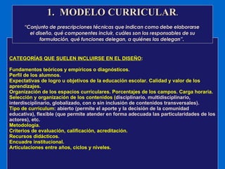 CATEGORÍAS QUE SUELEN INCLUIRSE EN EL DISEÑO :  Fundamentos teóricos y empíricos o diagnósticos . Perfil de los alumnos .  Expectativas de logro u objetivos de la educación escolar. Calidad y valor de los aprendizajes. Organización de los espacios curriculares. Porcentajes de los campos. Carga horaria. Selección y organización de los contenidos ( disciplinario, multidisciplinario, interdisciplinario, globalizado, con o sin inclusión de contenidos transversales).  Tipo de curriculum : abierto (permite el aporte y la decisión de la comunidad educativa), flexible (que permite atender en forma adecuada las particularidades de los actores), etc.  Metodología.  Criterios de evaluación, calificación, acreditación.  Recursos didácticos. Encuadre institucional.  Articulaciones entre años, ciclos y niveles. MODELO CURRICULAR . “ Conjunto de prescripciones técnicas que indican como debe elaborarse  el diseño, qué componentes incluir, cuáles son los responsables de su formulación, qué funciones delegan, a quiénes las delegan”.   