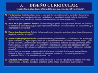 3. DISEÑO CURRICULAR. “ explicitación fundamentada del un proyecto educativo situado”. Fundamentos.   Explicitan el por qué y el para qué del proyecto educativo curricular. Se enmarca  en teorías que expresan las tendencias y estados de lo psicológico, social, cultural, económico, político, científico y tecnológico, así como las normativas  del  sistema educativo. B) Perfil del sujeto / persona a forma .  Establece rasgos que se busca promover a través del proceso de enseñanza-aprendizaje (¿qué sujeto / persona formar?) en concordancia con los fundamentos y el diagnóstico de la realidad. C) Elementos diagnósticos .  Estudio de las condiciones favorables y desfavorables de partida (¿desde dónde se enseña y aprende?) D) Proyecto pedagógico-didáctico .  Perfil del docente (¿quién enseña?) y  concepción del alumno (¿a quién se enseña?). Objetivos propuestos de la enseñanza escolar, de ciclos, materias, áreas, (¿pará que se enseña? ). Determinación de los espacios curriculares: materias, talleres, seminarios, temas transversales y sus contenidos (¿qué enseñar?). Metodología y estrategias didácticas (¿cómo se enseña?). Criterios de evaluación, calificación, acreditación (¿cómo se juzga y atribuye un indicador de valor?.  Los contenidos se pueden organizar disciplinariamente, multidisciplinariamente, por problemas.  En base a “ Ejes ”: a) “aprendizajes básicos”, epítomes, principios, o hipótesis organizadoras;  b) “la socialización”; c) el “desarrollo personal”. Etc. E) Encuadre institucional.   Define las características de la escuela y pautas para elaborar proyectos institucionales (¿dónde y cuándo se enseña?). Define roles y funciones de sus miembros. 