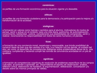 Económicas: Los perfiles de una formación económica para la situación vigente y/o deseable. Políticas: Los perfiles de una formación ciudadana para la democracia y la participación para la mejora y/o transformación de la sociedad. Axiológicas: La formación en valores como fuerzas y sentidos para el alumno, motivadoras de modos de pensar, sentir y actuar en el contexto, para una vida digna, autónoma, de autorrealización, conocimiento, solidaridad,  justicia, considerando sus posibilidades de comprender, sentir y realizar, reconociendo su responsabilidad con todos los seres humanos y el planeta. Éticas: La formación de una conciencia moral, respetuosa y responsable, que brinde posibilidad de construir ideas de bien que den sentido a su vida, a su relación con los demás, el cuidado del otro; así como, el desarrollo de competencias dialógicas sobre problemáticas éticas de la  vida cotidiana, cumpliendo y haciendo cumplir las normas de convivencia acordadas en un pié de igualdad.  Cognitivas: La formación de competencias cognitivas de resolución de problemas específicos de los campos culturales, el aprender a aprender, etc. Desarrollando el espíritu de observación, análisis, reflexión crítica, elaboración de hipótesis, la argumentación, deliberación, concertación y/o  debate sobre los mismos principios de validez. Pedagógico-didácticas:  El desarrollo de prácticas institucionales y docentes en concordancia con los ideales institucionales educativos, realizadas con pertinencia, viabilidad, validez y legitimidad. Prácticas que puedan ser reflexionadas, mejoradas y transformadas, superando las posibles limitaciones de la  formación docente, las desfavorables condiciones laborales, la desjerarquización social, la falta de estímulo y de capacitación, etc. 