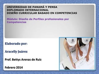 Elaborado por:
Aracelly Juárez
Prof. Bettys Arenas de Ruiz
Febrero 2014
UNIVERSIDAD DE PANAMÁ Y PENSA
DIPLOMADO INTERNACIONAL
DISEÑO CURRICULAR BASADO EN COMPETENCIAS
Módulo: Diseño de Perfiles profesionales por
Competencias
 
