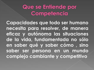 Capacidades que todo ser humano
necesita para resolver, de manera
eficaz y autónoma las situaciones
de la vida, fundamentada no sólo
en saber qué y saber cómo , sino
saber ser persona en un mundo
complejo cambiante y competitivo

 