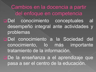  Del

conocimiento conceptuales al
desempeño integral ante actividades y
problemas
 Del conocimiento a la Sociedad del
conocimiento, lo más importante
tratamiento de la información.
 De la enseñanza a el aprendizaje que
pasa a ser el centro de la educación.

 