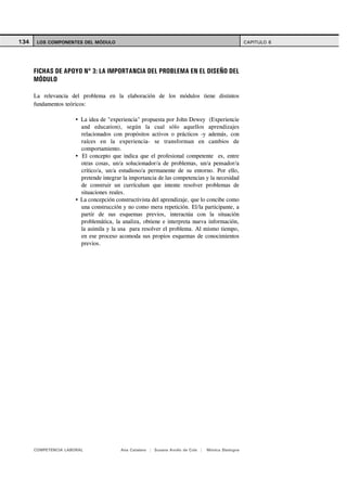 134    LOS COMPONENTES DEL MÓDULO                                                                  CAPITULO 6




      FICHAS DE APOYO Nº 3: LA IMPORTANCIA DEL PROBLEMA EN EL DISEÑO DEL
      MÓDULO

      La relevancia del problema en la elaboración de los módulos tiene distintos
      fundamentos teóricos:

                       La idea de "experiencia" propuesta por John Dewey (Experiencie
                       and education), según la cual sólo aquellos aprendizajes
                       relacionados con propósitos activos o prácticos -y además, con
                       raíces en la experiencia- se transforman en cambios de
                       comportamiento.
                       El concepto que indica que el profesional competente es, entre
                       otras cosas, un/a solucionador/a de problemas, un/a pensador/a
                       crítico/a, un/a estudioso/a permanente de su entorno. Por ello,
                       pretende integrar la importancia de las competencias y la necesidad
                       de construir un currículum que intente resolver problemas de
                       situaciones reales.
                       La concepción constructivista del aprendizaje, que lo concibe como
                       una construcción y no como mera repetición. El/la participante, a
                       partir de sus esquemas previos, interactúa con la situación
                       problemática, la analiza, obtiene e interpreta nueva información,
                       la asimila y la usa para resolver el problema. Al mismo tiempo,
                       en ese proceso acomoda sus propios esquemas de conocimientos
                       previos.




      COMPETENCIA LABORAL               Ana Catalano | Susana Avolio de Cols |   Mónica Sladogna
 