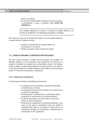 150    CÓMO SE ELABORA UN MÓDULO                                                                      CAPITULO 7




                         diseño o un producto.
                         Los ejes de las unidades podrán estructurarse en torno a conceptos,
                         a procedimientos, a tareas, a problemas. (Ver: FICHA DE
                         EJEMPLO 3)


                       Las unidades didácticas se refieren a unidades de trabajo relativas a un
                       proceso de enseñanza y de aprendizaje articulado y completo.


      Para visualizar la estructura de contenidos del módulo y/o de las unidades didácticas,
      se podrán realizar las siguientes acciones:

                          Establecer la relación entre los conceptos básicos, los
                          procedimientos y los criterios.
                          Diseñar un esquema o mapa conceptual del módulo.



      7.5. ¿CÓMO SE DESCRIBE LA PROPUESTA METODOLÓGICA?

      Tal como lo hemos expresado, el detalle sobre las estrategias, las actividades, los
      materiales didácticos y los de evaluación, será realizado por el/la docente en el
      momento de planificar la enseñanza para un determinado contexto. Sin embargo,
      cuando se elabora el módulo podrán proponerse las líneas generales y los criterios a
      los que deben responder las actividades formativas seleccionadas por el/la docente para
      promover el desarrollo de capacidades y competencias.



      7.5.1. Criterios para la Enseñanza

      Se seleccionarán actividades de aprendizaje que promuevan:

                          La realización en forma integrada de operaciones intelectuales,
                          actividades físicas y afectivas.
                          La participación activa de los/las asistentes en la construcción de
                          sus procesos de aprendizaje.
                          El trabajo grupal, la confrontación y la construcción conjunta,
                          recuperando las características de la práctica profesional.
                          La relación teoría-práctica, en forma similar a lo que ocurre
                          durante el ejercicio profesional.
                          El desarrollo de competencias en resolución de problemas, en las
                          cuales no sólo opera la racionalidad técnica sino también la
                          comprensión del sentido de la situación, la improvisación y la
                          invención de estrategias, los conocimientos y experiencia previa,
                          el desempeño de roles organizativos.



      COMPETENCIA LABORAL                  Ana Catalano | Susana Avolio de Cols |   Mónica Sladogna
 