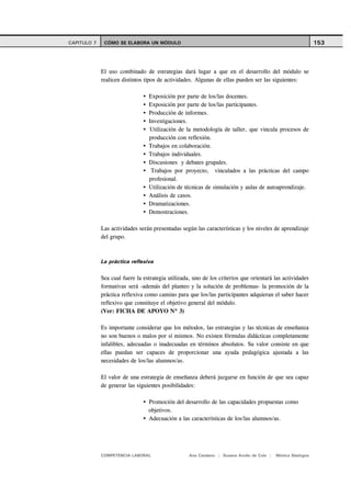 CAPITULO 7    CÓMO SE ELABORA UN MÓDULO                                                                       153



             El uso combinado de estrategias dará lugar a que en el desarrollo del módulo se
             realicen distintos tipos de actividades. Algunas de ellas pueden ser las siguientes:

                                 Exposición por parte de los/las docentes.
                                 Exposición por parte de los/las participantes.
                                 Producción de informes.
                                 Investigaciones.
                                 Utilización de la metodología de taller, que vincula procesos de
                                 producción con reflexión.
                                 Trabajos en colaboración.
                                 Trabajos individuales.
                                 Discusiones y debates grupales.
                                  Trabajos por proyecto, vinculados a las prácticas del campo
                                 profesional.
                                 Utilización de técnicas de simulación y aulas de autoaprendizaje.
                                 Análisis de casos.
                                 Dramatizaciones.
                                 Demostraciones.

             Las actividades serán presentadas según las características y los niveles de aprendizaje
             del grupo.



             La práctica reflexiva

             Sea cual fuere la estrategia utilizada, uno de los criterios que orientará las actividades
             formativas será -además del planteo y la solución de problemas- la promoción de la
             práctica reflexiva como camino para que los/las participantes adquieran el saber hacer
             reflexivo que constituye el objetivo general del módulo.
             (Ver: FICHA DE APOYO Nº 3)

             Es importante considerar que los métodos, las estrategias y las técnicas de enseñanza
             no son buenos o malos por sí mismos. No existen fórmulas didácticas completamente
             infalibles, adecuadas o inadecuadas en términos absolutos. Su valor consiste en que
             ellas puedan ser capaces de proporcionar una ayuda pedagógica ajustada a las
             necesidades de los/las alumnos/as.

             El valor de una estrategia de enseñanza deberá juzgarse en función de que sea capaz
             de generar las siguientes posibilidades:

                                 Promoción del desarrollo de las capacidades propuestas como
                                 objetivos.
                                 Adecuación a las características de los/las alumnos/as.




             COMPETENCIA LABORAL                   Ana Catalano | Susana Avolio de Cols |   Mónica Sladogna
 