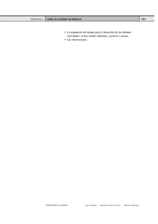 CAPITULO 7    CÓMO SE ELABORA UN MÓDULO                                                                   157



                               La asignación del tiempo para el desarrollo de las distintas
                               actividades: si éste resultó suficiente, excesivo o escaso.
                               Las observaciones.




             COMPETENCIA LABORAL               Ana Catalano | Susana Avolio de Cols |   Mónica Sladogna
 