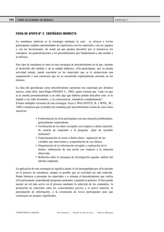 160    CÓMO SE ELABORA UN MÓDULO                                                                      CAPITULO 7




      FICHA DE APOYO Nº 2: ENSEÑANZA INDIRECTA

      La enseñanza indirecta es la estrategia mediante la cual, se ofrecen a los/las
      participantes amplias oportunidades de experiencia con los materiales, con los equipos
      y con las herramientas, de modo tal que puedan descubrir por sí mismos/as los
      conceptos, las generalizaciones y los procedimientos que fundamentan y dan sentido a
      la práctica.

      Este tipo de enseñanza se basa en una estrategia de descubrimiento en la que, durante
      el desarrollo del módulo o de la unidad didáctica, el/la participante, por su propia
      actividad mental, puede encontrar en los materiales que se le proporciona una
      organización o una estructura que no se encontraba explícitamente presente en los
      mismos.

      La idea del aprendizaje como descubrimiento autónomo fue expresada por distintos
      autores, entre ellos, Jean Piaget (PIAGET J.; 1983), quien sostiene que "cada vez que
      se le enseña prematuramente a un niño algo que hubiera podido descubrir solo, se le
      impide a ese niño inventarlo, y en consecuencia, entenderlo completamente".
      Existen múltiples versiones de esta estrategia. Joyce y Weil (JOYCE, B. y WEIL, M.;
      1985) consideran que el modelo de enseñanza por descubrimiento consta de cinco fases
      sucesivas:

                          Confrontación de el/la participante con una situación problemática,
                          generalmente sorprendente.
                          Verificación de los datos recogidos con respecto a dicha situación.
                          Se trataría de responder a la pregunta: ¿Qué ha sucedido
                          realmente?
                          Experimentación en torno a dichos datos: separación de las
                          variables que intervienen y comprobación de sus efectos.
                          Organización de la información recogida y explicación de la
                          misma: elaboración de una teoría con respecto a la situación
                          observada.
                          Reflexión sobre la estrategia de investigación seguida: análisis del
                          método empleado.

      La aplicación de esta estrategia no significa anular el rol desempeñado por el/la docente
      en el proceso de enseñanza, aunque es posible que su actividad sea más reducida.
      Puede limitarse a presentar los materiales y a orientar el descubrimiento que realiza
      el/la participante respondiendo preguntas puntuales o guiando la práctica. O bien puede
      asumir un rol más activo en el proceso mediante la selección de los contenidos, la
      promoción de relaciones entre los conocimientos previos y el nuevo material, la
      presentación de información, o la orientación de los/as participantes para que
      construyan sus propios significados.




      COMPETENCIA LABORAL                  Ana Catalano | Susana Avolio de Cols |   Mónica Sladogna
 