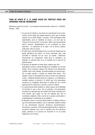 162    CÓMO SE ELABORA UN MÓDULO                                                                    CAPITULO 7




      FICHA DE APOYO Nº 3: EL SABER HACER DEL PRÁCTICO PUEDE SER
      APRENDIDO, PERO NO TRANSMITIDO

      Elaborado a partir de la obra “La formación de profesionales reflexivos”.( SCHON,
      Donald; 1992)

                        Un proceso de trabajo es una forma de conocimiento en la acción.
                        Existen ciertas reglas que pueden aplicarse, pero que no pueden
                        seguirse de un modo simple y mecánico. El/la participante debe
                        experimentar, pero no mediante un ensayo y un error que no
                        conecte los errores previos con ensayos. Debe crear rigurosamente
                        nuevos ensayos, fundamentados en los resultados de pasos
                        anteriores. La aplicación de la regla o de la técnica requiere
                        reflexionar sobre la acción.
                        El saber hacer una determinada tarea es un proceso integral que no
                        puede aprenderse por partes, en forma atomizada, pues cada
                        actividad se relaciona con las otras. Es posible diferenciar
                        teóricamente los componentes útiles para la enseñanza; sin
                        embargo, la solución total no es el resultado de la suma de las
                        distintas partes.
                        El proceso de aprender un saber hacer requiere que el/la
                        participante conozca y pueda distinguir las cualidades de un buen
                        trabajo. De lo contrario, aunque el/la docente le dé indicaciones
                        verbales sobre cómo trabajar, no podrá entender las instrucciones.
                        No se podrá enseñar a realizar un trabajo bien hecho (Por
                        ejemplo: lograr la elasticidad de la masa) con sólo una explicación
                        verbal, o mediante ejemplos positivos o negativos, o nombrando la
                        cualidad mientras se practica. Es difícil que el/la participante
                        reconozca las cualidades observando el trabajo del otro; recién
                        logrará hacerlo cuando por sí mismo/a realice el trabajo.
                        Lo anteriormente dicho también es válido respecto de la habilidad
                        de describir lo que se hace. En un principio, el/la participante
                        escuchará las descripciones del trabajo bien hecho realizadas por
                        el/la docente, pero puede ser que las entienda poco por el
                        vocabulario empleado. Sólo a través de su propia acción podrá ir
                        comprendiendo el significado de las palabras.
                        El aprender a hacer, es una actividad creadora. El diálogo reflexivo
                        que el/la profesional establece con los materiales mientras trabaja
                        en una determinada situación, promueve descubrimientos,
                        invenciones, creaciones. El/la docente podrá describir o explicar la
                        invención realizada, pero esto no significa que el/la alumno/a
                        pueda continuar en el proceso de invención si no ha estado
                        implicado/a en el mismo.




      COMPETENCIA LABORAL                Ana Catalano | Susana Avolio de Cols |   Mónica Sladogna
 