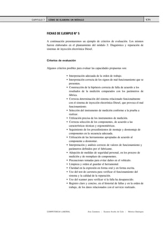 CAPITULO 7    CÓMO SE ELABORA UN MÓDULO                                                                     171




             FICHAS DE EJEMPLO Nº 5

             A continuación presentaremos un ejemplo de criterios de evaluación. Los mismos
             fueron elaborados en el planeamiento del módulo 3: Diagnóstico y reparación de
             sistemas de inyección electrónica Diesel.



             Criterios de evaluación

             Algunos criterios posibles para evaluar las capacidades propuestas son:

                                Interpretación adecuada de la orden de trabajo.
                                Interpretación correcta de los signos de mal funcionamiento que se
                                presenten.
                                Construcción de la hipótesis correcta de falla de acuerdo a los
                                resultados de la medición comparados con los parámetros de
                                fábrica.
                                Correcta determinación del sistema relacionado funcionalmente
                                con el sistema de inyección electrónica Diesel, que provoca el mal
                                funcionamiento.
                                Selección del instrumento de medición conforme a la prueba a
                                realizar.
                                Utilización precisa de los instrumentos de medición.
                                Correcta selección de los componentes, de acuerdo a las
                                características técnicas y ergonométricas.
                                Seguimiento de los procedimientos de montaje y desmontaje de
                                componentes en la secuencia adecuada.
                                Utilización de las herramientas apropiadas de acuerdo al
                                componente a desmontar.
                                Interpretación y análisis correcto de valores de funcionamiento y
                                parámetros definidos por el fabricante.
                                Adopción de medidas de seguridad personal, en los proceso de
                                medición y de reemplazo de componentes.
                                Precauciones tomadas para evitar daños en el vehículo.
                                Limpieza y orden al guardar el herramental.
                                Claridad en la expresión en forma oral y en forma escrita.
                                Uso del test de carretera para verificar el funcionamiento del
                                sistema y la calidad de la reparación.
                                Uso del scanner para verificar si la falla ha desaparecido.
                                Registro claro y conciso, en el historial de fallas y en la orden de
                                trabajo, de los datos relacionados con el servicio realizado.




             COMPETENCIA LABORAL                 Ana Catalano | Susana Avolio de Cols |   Mónica Sladogna
 
