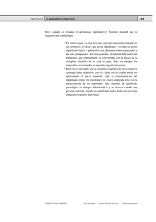 CAPITULO 8    PLANEAMIENTO DIDÁCTICO                                                                       189



             Pero ¿cuándo se produce el aprendizaje significativo? Sostiene Ausubel que se
             requieren dos condiciones:

                               En primer lugar, es necesario que el propio material presentado no
                               sea arbitrario, es decir, que posea significado. Un material posee
                               significado lógico o potencial si sus elementos están organizados y
                               no sólo yuxtapuestos. En otras palabras: el material debe tener una
                               estructura, que normalmente se corresponde con la lógica de la
                               disciplina científica de la cual se trata. Pero no siempre los
                               materiales estructurados se aprenden significativamente.
                               Para ello es necesario que la estructura cognitiva de el/la alumno/a
                               contenga ideas inclusoras, esto es, ideas con las cuales pueda ser
                               relacionado el nuevo material. Así, la transformación del
                               significado lógico en psicológico no estará asegurada sólo con la
                               estructuración de los materiales. Para Ausubel, el significado
                               psicológico es siempre idiosincrático y se alcanza cuando una
                               persona concreta, asimila un significado lógico dentro de su propia
                               estructura cognitiva individual.




             COMPETENCIA LABORAL                Ana Catalano | Susana Avolio de Cols |   Mónica Sladogna
 