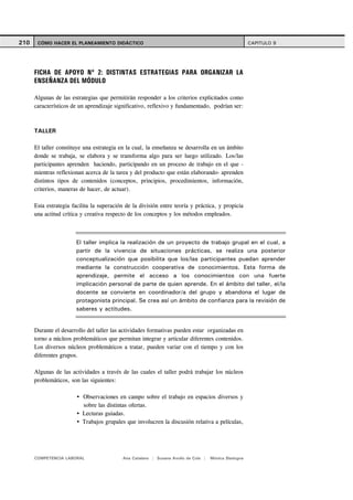 210    CÓMO HACER EL PLANEAMIENTO DIDÁCTICO                                                           CAPITULO 9




      FICHA DE APOYO Nº 2: DISTINTAS ESTRATEGIAS PARA ORGANIZAR LA
      ENSEÑANZA DEL MÓDULO

      Algunas de las estrategias que permitirán responder a los criterios explicitados como
      característicos de un aprendizaje significativo, reflexivo y fundamentado, podrían ser:



      TALLER

      El taller constituye una estrategia en la cual, la enseñanza se desarrolla en un ámbito
      donde se trabaja, se elabora y se transforma algo para ser luego utilizado. Los/las
      participantes aprenden haciendo, participando en un proceso de trabajo en el que -
      mientras reflexionan acerca de la tarea y del producto que están elaborando- aprenden
      distintos tipos de contenidos (conceptos, principios, procedimientos, información,
      criterios, maneras de hacer, de actuar).

      Esta estrategia facilita la superación de la división entre teoría y práctica, y propicia
      una actitud crítica y creativa respecto de los conceptos y los métodos empleados.



                       El taller implica la realización de un proyecto de trabajo grupal en el cual, a
                       partir de la vivencia de situaciones prácticas, se realiza una posterior
                       conceptualización que posibilita que los/las participantes puedan aprender
                       mediante la construcción cooperativa de conocimientos. Esta forma de
                       aprendizaje, permite el acceso a los conocimientos con una fuerte
                       implicación personal de parte de quien aprende. En el ámbito del taller, el/la
                       docente se convierte en coordinador/a del grupo y abandona el lugar de
                       protagonista principal. Se crea así un ámbito de confianza para la revisión de
                       saberes y actitudes.


      Durante el desarrollo del taller las actividades formativas pueden estar organizadas en
      torno a núcleos problemáticos que permitan integrar y articular diferentes contenidos.
      Los diversos núcleos problemáticos a tratar, pueden variar con el tiempo y con los
      diferentes grupos.

      Algunas de las actividades a través de las cuales el taller podrá trabajar los núcleos
      problemáticos, son las siguientes:

                          Observaciones en campo sobre el trabajo en espacios diversos y
                          sobre las distintas ofertas.
                          Lecturas guiadas.
                          Trabajos grupales que involucren la discusión relativa a películas,




      COMPETENCIA LABORAL                  Ana Catalano | Susana Avolio de Cols |   Mónica Sladogna
 