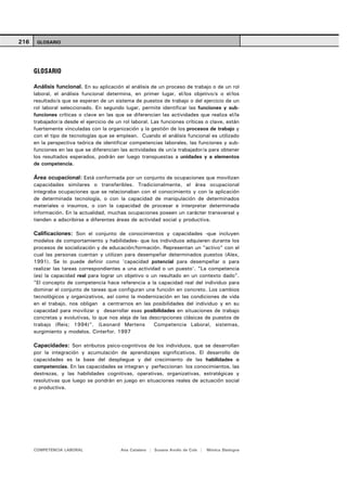 216    GLOSARIO




      GLOSARIO

      Análisis funcional. En su aplicación al análisis de un proceso de trabajo o de un rol
      laboral, el análisis funcional determina, en primer lugar, el/los objetivo/s o el/los
      resultado/s que se esperan de un sistema de puestos de trabajo o del ejercicio de un
      rol laboral seleccionado. En segundo lugar, permite identificar las funciones y sub-
      funciones críticas o clave en las que se diferencian las actividades que realiza el/la
      trabajador/a desde el ejercicio de un rol laboral. Las funciones críticas o clave, están
      fuertemente vinculadas con la organización y la gestión de los procesos de trabajo y
      con el tipo de tecnologías que se emplean. Cuando el análisis funcional es utilizado
      en la perspectiva teórica de identificar competencias laborales, las funciones y sub-
      funciones en las que se diferencian las actividades de un/a trabajador/a para obtener
      los resultados esperados, podrán ser luego transpuestas a unidades y a elementos
      de competencia.

      Área ocupacional: Está conformada por un conjunto de ocupaciones que movilizan
      capacidades similares o transferibles. Tradicionalmente, el área ocupacional
      integraba ocupaciones que se relacionaban con el conocimiento y con la aplicación
      de determinada tecnología, o con la capacidad de manipulación de determinados
      materiales o insumos, o con la capacidad de procesar e interpretar determinada
      información. En la actualidad, muchas ocupaciones poseen un carácter transversal y
      tienden a adscribirse a diferentes áreas de actividad social y productiva.

      Calificaciones: Son el conjunto de conocimientos y capacidades -que incluyen
      modelos de comportamiento y habilidades- que los individuos adquieren durante los
      procesos de socialización y de educación/formación. Representan un "activo" con el
      cual las personas cuentan y utilizan para desempeñar determinados puestos (Alex,
      1991). Se lo puede definir como 'capacidad potencial para desempeñar o para
      realizar las tareas correspondientes a una actividad o un puesto'. "La competencia
      (es) la capacidad real para lograr un objetivo o un resultado en un contexto dado".
      "El concepto de competencia hace referencia a la capacidad real del individuo para
      dominar el conjunto de tareas que configuran una función en concreto. Los cambios
      tecnológicos y organizativos, así como la modernización en las condiciones de vida
      en el trabajo, nos obligan a centrarnos en las posibilidades del individuo y en su
      capacidad para movilizar y desarrollar esas posibilidades en situaciones de trabajo
      concretas y evolutivas, lo que nos aleja de las descripciones clásicas de puestos de
      trabajo (Reis; 1994)". (Leonard Mertens           Competencia Laboral, sistemas,
      surgimiento y modelos. Cinterfor. 1997

      Capacidades: Son atributos psico-cognitivos de los individuos, que se desarrollan
      por la integración y acumulación de aprendizajes significativos. El desarrollo de
      capacidades es la base del despliegue y del crecimiento de las habilidades o
      competencias. En las capacidades se integran y perfeccionan los conocimientos, las
      destrezas, y las habilidades cognitivas, operativas, organizativas, estratégicas y
      resolutivas que luego se pondrán en juego en situaciones reales de actuación social
      o productiva.




      COMPETENCIA LABORAL                  Ana Catalano | Susana Avolio de Cols |   Mónica Sladogna
 