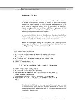 CAPITULO 2    LAS COMPETENCIAS LABORALES                                                                     47




               SINTESIS DEL CAPITULO 2


               Ante el universo cambiante de los mercados -y considerando la cantidad de incidentes
               que invaden los procedimientos rutinarios, los procesos de aprendizajes requeridos
               para aplicar las nuevas tecnologías, los nuevos materiales, los nuevos productos y/o las
               nuevas formas de organizar el trabajo- ya no son determinantes las operaciones
               asignadas a un puesto fijo sino los atributos individuales y particulares de el/la
               trabajador/a. Es la instancia en la cual la calificación deja de ser un conjunto de
               atributos objetivos para transformarse en competencia.

               Las competencias laborales pueden ser definidas como el conjunto identificable y
               evaluable de capacidades que permiten desempeños satisfactorios en situaciones reales
               de trabajo, de acuerdo a los estándares históricos y tecnológicos vigentes.

               La norma de competencia es un patrón de referencia para poder evaluar el desempeño
               alcanzado por los trabajadores. Su construcción involucra la aplicación de una
               metodología de trabajo particular: el análisis funcional.



PASOS DEL ANÁLISIS FUNCIONAL

1. SELECCIONAR UN CONJUNTO DE EMPRESAS U ORGANIZACIONES
   PRODUCTIVAS
2. SELECCIONAR UNA EMPRESA U ORGANIZACIÓN PRODUCTIVA
   CONCRETA
3. DEFINIR EL PROPÓSITO CLAVE:

         ESTUCTURA DE ENUNCIADO VERBO + OBJETO + CONDICIÓN

4. DEFINIR FUNCIONES Y SUBFUNCIONES
5. SELECCIONAR ROLES LABORALES CRÍTICOS
6. DESCRIBIR LAS ACCIONES DEL ROL SELECCIONADO RESPETANDO LA
   ESTRUCTURA DEL ENUNCIADO
7. AGRUPAR LAS ACCIONES EN LAS FUNCIONES Y SUBFUNCIONES
8. RECONSTRUIR PARA CADA ELEMENTO LOS CRITERIOS QUE PONE EN
   JUEGO



               El resultado del análisis funcional es el mapa funcional, instrumento que representa
               las distintas funciones que el individuo, al cumplir determinado rol laboral, debe
               desarrollar para alcanzar el propósito clave de su rol. Este mapa se expresa en unidades
               y en elementos de competencia.




               COMPETENCIA LABORAL                  Ana Catalano | Susana Avolio de Cols |   Mónica Sladogna
 