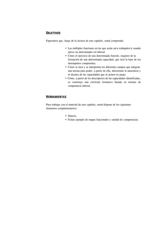 OBJETIVOS

Esperamos que, luego de la lectura de este capítulo, usted comprenda:

                    Las múltiples funciones en las que actúa un/a trabajador/a cuando
                    ejerce un determinado rol laboral.
                    Cómo el ejercicio de una determinada función, requiere de la
                    formación de una determinada capacidad, que será la base de los
                    desempeños competentes.
                    Cómo se leen y se interpretan los diferentes campos que integran
                    una norma para poder, a partir de ella, determinar la naturaleza y
                    el alcance de las capacidades que se ponen en juego.
                    Cómo, a partir de los descriptores de las capacidades identificadas,
                    se construye una currícula formativa basada en normas de
                    competencia laboral.



HERRAMIENTAS

Para trabajar con el material de este capítulo, usted dispone de los siguientes
elementos complementarios:

                    Síntesis.
                    Fichas ejemplo de mapas funcionales y unidad de competencias.
 
