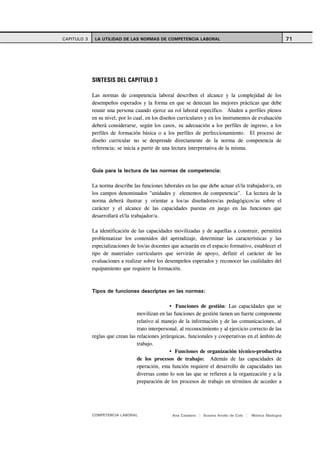 CAPITULO 3    LA UTILIDAD DE LAS NORMAS DE COMPETENCIA LABORAL                                                71




             SINTESIS DEL CAPITULO 3

             Las normas de competencia laboral describen el alcance y la complejidad de los
             desempeños esperados y la forma en que se detectan las mejores prácticas que debe
             reunir una persona cuando ejerce un rol laboral específico. Aluden a perfiles plenos
             en su nivel, por lo cual, en los diseños curriculares y en los instrumentos de evaluación
             deberá considerarse, según los casos, su adecuación a los perfiles de ingreso, a los
             perfiles de formación básica o a los perfiles de perfeccionamiento. El proceso de
             diseño curricular no se desprende directamente de la norma de competencia de
             referencia; se inicia a partir de una lectura interpretativa de la misma.



             Guía para la lectura de las normas de competencia:

             La norma describe las funciones laborales en las que debe actuar el/la trabajador/a, en
             los campos denominados "unidades y elementos de competencia". La lectura de la
             norma deberá ilustrar y orientar a los/as diseñadores/as pedagógicos/as sobre el
             carácter y el alcance de las capacidades puestas en juego en las funciones que
             desarrollará el/la trabajador/a.

             La identificación de las capacidades movilizadas y de aquellas a construir, permitirá
             problematizar los contenidos del aprendizaje, determinar las características y las
             especializaciones de los/as docentes que actuarán en el espacio formativo, establecer el
             tipo de materiales curriculares que servirán de apoyo, definir el carácter de las
             evaluaciones a realizar sobre los desempeños esperados y reconocer las cualidades del
             equipamiento que requiere la formación.



             Tipos de funciones descriptas en las normas:

                                                    Funciones de gestión: Las capacidades que se
                                  movilizan en las funciones de gestión tienen un fuerte componente
                                  relativo al manejo de la información y de las comunicaciones, al
                                  trato interpersonal, al reconocimiento y al ejercicio correcto de las
             reglas que crean las relaciones jerárquicas, funcionales y cooperativas en el ámbito de
                                  trabajo.
                                                    Funciones de organización técnico-productiva
                                  de los procesos de trabajo: Además de las capacidades de
                                  operación, esta función requiere el desarrollo de capacidades tan
                                  diversas como lo son las que se refieren a la organización y a la
                                  preparación de los procesos de trabajo en términos de acceder a




             COMPETENCIA LABORAL                   Ana Catalano | Susana Avolio de Cols |   Mónica Sladogna
 