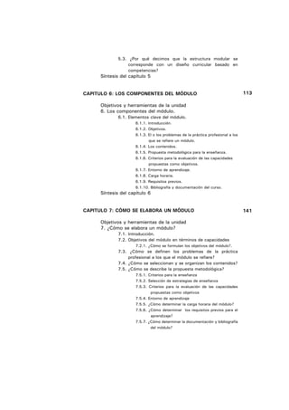 5.3. ¿Por qué decimos que la estructura modular se
                  corresponde con un diseño curricular basado en
                  competencias?
     Síntesis del capítulo 5


CAPITULO 6: LOS COMPONENTES DEL MÓDULO                                            113

     Objetivos y herramientas de la unidad
     6. Los componentes del módulo.
             6.1. Elementos clave del módulo.
                     6.1.1. Introducción.
                     6.1.2. Objetivos.
                     6.1.3. El o los problemas de la práctica profesional a los
                            que se refiere un módulo.
                     6.1.4. Los contenidos.
                     6.1.5. Propuesta metodológica para la enseñanza.
                     6.1.6. Criterios para la evaluación de las capacidades
                            propuestas como objetivos.
                     6.1.7. Entorno de aprendizaje.
                     6.1.8. Carga horaria.
                     6.1.9. Requisitos previos.
                     6.1.10. Bibliografía y documentación del curso.
     Síntesis del capítulo 6


CAPITULO 7: CÓMO SE ELABORA UN MÓDULO                                             141

     Objetivos y herramientas de la unidad
     7. ¿Cómo se elabora un módulo?
             7.1. Introducción.
             7.2. Objetivos del módulo en términos de capacidades
                     7.2.1. ¿Cómo se formulan los objetivos del módulo?.
             7.3. ¿Cómo se definen los problemas de la práctica
                  profesional a los que el módulo se refiere?
             7.4. ¿Cómo se seleccionan y se organizan los contenidos?
             7.5. ¿Cómo se describe la propuesta metodológica?
                     7.5.1. Criterios para la enseñanza
                     7.5.2. Selección de estrategias de enseñanza
                     7.5.3. Criterios para la evaluación de las capacidades
                             propuestas como objetivos
                     7.5.4. Entorno de aprendizaje
                     7.5.5. ¿Cómo determinar la carga horaria del módulo?
                     7.5.6. ¿Cómo determinar los requisitos previos para el
                             aprendizaje?
                     7.5.7. ¿Cómo determinar la documentación y bibliografía
                             del módulo?
 