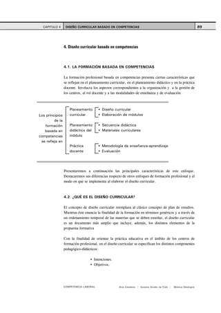 CAPITULO 4      DISEÑO CURRICULAR BASADO EN COMPETENCIAS                                                       89




                 4. Diseño curricular basado en competencias



                 4.1. LA FORMACIÓN BASADA EN COMPETENCIAS

                 La formación profesional basada en competencias presenta ciertas características que
                 se reflejan en el planeamiento curricular, en el planeamiento didáctico y en la práctica
                 docente. Involucra los aspectos correspondientes a la organización y a la gestión de
                 los centros, al rol docente y a las modalidades de enseñanza y de evaluación.



                    Planeamiento          Diseño curricular
Los principios      curricular            Elaboración de módulos
         de la
   formación        Planeamiento          Secuencia didáctica
   basada en        didáctico del         Materiales curriculares
competencias        módulo
 se refleja en
                    Práctica              Metodología de enseñanza-aprendizaje
                    docente               Evaluación




                 Presentaremos a continuación las principales características de este enfoque.
                 Destacaremos sus diferencias respecto de otros enfoques de formación profesional y el
                 modo en que se implementa al elaborar el diseño curricular.



                 4.2. ¿QUÉ ES EL DISEÑO CURRICULAR?

                 El concepto de diseño curricular reemplaza al clásico concepto de plan de estudios.
                 Mientras éste enuncia la finalidad de la formación en términos genéricos y a través de
                 un ordenamiento temporal de las materias que se deben enseñar, el diseño curricular
                 es un documento más amplio que incluye, además, los distintos elementos de la
                 propuesta formativa

                 Con la finalidad de orientar la práctica educativa en el ámbito de los centros de
                 formación profesional, en el diseño curricular se especifican los distintos componentes
                 pedagógico-didácticos:

                                     Intenciones.
                                     Objetivos.




                 COMPETENCIA LABORAL                  Ana Catalano | Susana Avolio de Cols |   Mónica Sladogna
 