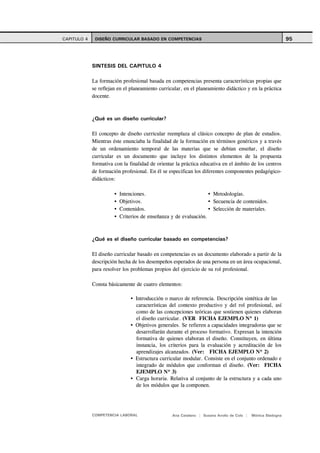 CAPITULO 4    DISEÑO CURRICULAR BASADO EN COMPETENCIAS                                                       95




             SINTESIS DEL CAPITULO 4

             La formación profesional basada en competencias presenta características propias que
             se reflejan en el planeamiento curricular, en el planeamiento didáctico y en la práctica
             docente.



             ¿Qué es un diseño curricular?

             El concepto de diseño curricular reemplaza al clásico concepto de plan de estudios.
             Mientras éste enunciaba la finalidad de la formación en términos genéricos y a través
             de un ordenamiento temporal de las materias que se debían enseñar, el diseño
             curricular es un documento que incluye los distintos elementos de la propuesta
             formativa con la finalidad de orientar la práctica educativa en el ámbito de los centros
             de formación profesional. En él se especifican los diferentes componentes pedagógico-
             didácticos:

                         Intenciones.                                 Metodologías.
                         Objetivos.                                   Secuencia de contenidos.
                         Contenidos.                                  Selección de materiales.
                         Criterios de enseñanza y de evaluación.



             ¿Qué es el diseño curricular basado en competencias?

             El diseño curricular basado en competencias es un documento elaborado a partir de la
             descripción hecha de los desempeños esperados de una persona en un área ocupacional,
             para resolver los problemas propios del ejercicio de su rol profesional.

             Consta básicamente de cuatro elementos:

                                 Introducción o marco de referencia. Descripción sintética de las
                                 características del contexto productivo y del rol profesional, así
                                 como de las concepciones teóricas que sostienen quienes elaboran
                                 el diseño curricular. (VER FICHA EJEMPLO Nº 1)
                                 Objetivos generales. Se refieren a capacidades integradoras que se
                                 desarrollarán durante el proceso formativo. Expresan la intención
                                 formativa de quienes elaboran el diseño. Constituyen, en última
                                 instancia, los criterios para la evaluación y acreditación de los
                                 aprendizajes alcanzados. (Ver: FICHA EJEMPLO Nº 2)
                                 Estructura curricular modular. Consiste en el conjunto ordenado e
                                 integrado de módulos que conforman el diseño. (Ver: FICHA
                                 EJEMPLO Nº 3)
                                 Carga horaria. Relativa al conjunto de la estructura y a cada uno
                                 de los módulos que la componen.




             COMPETENCIA LABORAL                  Ana Catalano | Susana Avolio de Cols |   Mónica Sladogna
 