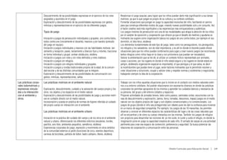 Descubrimiento de las posibilidades expresivas en el ejercicio de los roles        Revalorizar el juego popular, para lograr que los niños puedan darle más significación a sus tareas
                       asignados y asumidos en el juego.                                                  motrices, ya que lo que juegan es propio de su cultura y su contexto cotidiano.
                       Exploración y descubrimiento de las posibilidades expresivas con gestos,           Fomentar situaciones que pongan en juego la capacidad resolutiva del niño, facilitando el camino
                       mímicas y representaciones en el ejercicio de los diferentes juegos.               para que construya diferentes modos de jugar, creando nuevas posibilidades solo y en conjunto. Así,
                                                                                                          el factor creativo será más significativo y las experiencias mas enriquecedoras y auténticas.
                       Tipos de juego                                                                     Los juegos motores de persecución son una de las modalidades que atrapa la atención de los niños
                                                                                                          por el carácter de oposición y cooperación que ofrecen ya que el desafío de medirse y ayudarse es
                       Iniciación a juegos de persecución individuales y grupales: uno contra todos,      motivante (se sugiere como organización básica los juegos de uno contra todos; por ejemplo el oso
                       todos contra uno (inicialmente el docente), masivos y por bandos (preludio         dormilón, el lobo feroz, etcétera)
                       del juego en equipo).                                                              Los elementos fundamentales de este tipo de juego, tales como los perseguidores, los perseguidos,
                       Iniciación a juegos individuales y masivos con las habilidades motoras: lan-       los refugios y los salvadores, son de vital importancia, y es allí en donde el docente puede ofrecer
                       zamiento y recepción, pases, lanzamiento a blancos fijos y móviles, traccionar     situaciones para que los niños puedan combinarlos para jugar y crear nuevos juegos (se recomienda
                       en forma individual y grupal, sortear obstáculos, etcétera.                        tantos refugios como niños haya en la clase y con prisioneros que puedan ser rescatados).
                       Iniciación a juegos con roles y sin roles definidos y roles rotativos.             Valorar la ambientación que se les dé, al utilizar un contexto ficticio representado por animales,
                       Iniciación a juegos sin refugios.                                                  cosas o acciones, por los lugares en donde el niño estará seguro y los lugares en donde estará en
                       Iniciación a juegos con refugios individuales y grupales.                          peligro, etcétera(la organización espacial es importante), el que persigue y el que salva, es decir
                       Iniciación a juegos y rondas tradicionales propios de la edad, de la comuni-       la incertidumbre que puedan tener al jugar, serán factores motivantes que le permitirán resolver y
                       dad escolar y de las distintas comunidades que la integran.                        crear situaciones y soluciones, ocupar y valorar roles y respetar normas y sostenerlas o negociarlas,
                       Exploración y descubrimiento de las posibilidades de comunicación con              trabajando siempre la idea de la cooperación.
                       gestos, mímicas, representaciones, señas.
Las prácticas corpo-   Las prácticas motrices en el ambiente natural                                      Trabajar con los niños aquellas situaciones que lo inicien en el contacto con medios naturales exter-
rales ludomotrices y                                                                                      nos a su entorno cotidiano. Así podrán relacionarse con escenarios diversos en donde las prácticas
expresivas vincula-    Exploración, descubrimiento, cuidado y la valoración del cuerpo propio y los       corporales les permitan apropiarse de los mismos y aprender los cuidados básicos y necesarios de
das a la interacción   otros, los objetos y los espacios en el medio natural.                             su persona, del grupo y del entorno (objetos y espacios).
con el ambiente y      Exploración y descubrimiento de las posibilidades de juego y acciones motri-       Proponer actividades de jornadas breves, tales como paseos, caminatas cortas, excursiones con ta-
otros.                 ces en contacto directo con el medio natural.                                      reas de descubrimiento y exploración, (arena, tierra, lomadas, descensos, trepas) juegos en el medio
                       Incorporación y puesta en práctica de normas de higiene referidas al cuidado       natural con los objetos propios del lugar y con objetos convencionales y no convencionales. Los
                       del propio cuerpo en interacción con el ambiente.                                  juegos de grupo (donde el niño sea protagonista) son ideales pues les dan la confianza para moverse
                                                                                                          en un marco de seguridad compartida. Por ejemplo: los juegos de las 10 maravillas, les permiten
                       Las prácticas motrices en el ambiente urbano                                       observar y conocer en diferentes espacios las características del lugar y de las cosas naturales que
                                                                                                          allí se encuentran y de cómo su cuerpo interactúa con las mismas. También los juegos de refugios
                       Iniciación en la práctica del cuidado del cuerpo y de los otros en el ambiente     son propicios para desarrollar las nociones de: yo me cuido, te cuido y cuido el refugio, en donde la
                       natural y urbano, diferenciando los diferentes entornos (escaleras, bordes,        imaginación pone en juego la capacidad creadora de cada niño. El armado de carpas es una actividad
                       pasillos, aire libre, ambientes pequeños, semáforos, etcétera)                     pertinente para crear ese espacio de contención, pertenencia y seguridad. Se busca potenciar las
                       Experiencias corporales de juego, expresión y movimiento en otros ámbitos          relaciones de cooperación y comunicación entre las personas.
                       de la comunidad externos al jardín.(funciones de circo, eventos deportivos,
                       carreras de bicicletas, partidos de futbol, teatro callejero, títeres, etcétera)




                                                                                                                                                             Diseño Curricular para Educación Inicial  |  139
 