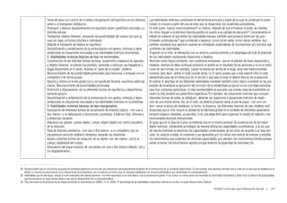 Toma del peso con control de la caída y recuperación del equilibrio en los diversos                        Las habilidades motrices constituyen la herramienta principal a través de la cual se construye la corpo-
                           saltos y al transponer obstáculos.                                                                         reidad, es incluso a partir del uso de ellas que se desarrollan los contenidos precedentes.
                           Distinguir y afianzar desplazamientos en equilibrio sobre superficies reducidas y a                        En este punto buscar intencionalmente38 su mejora, tratando de que al finalizar el jardín de infantes,
                           distintas alturas.                                                                                         los niños lleguen a la plenitud máxima posible en cuanto a su calidad de ejecución39. Considerando el
                           Transportar objetos diversos, valorando las posibilidades del cuerpo (los que se                           estado de madurez al que entran las habilidades básicas, también será propicio estimular las posi-
                           usan en clase, en forma colectiva e individual).                                                           bilidades combinatorias40 que comienzan a aparecer, como correr-saltar, correr-lanzar, etcétera. Acá
                           Afianzar el transporte de objetos en equilibrio.                                                           también resultaría muy oportuno avanzar en estrategias organizativas de circulaciones y/o circuitos que
                           Sensibilización y verbalización de la comunicación con gestos, mímicas y repre-                            combinen las habilidades.
                           sentaciones en situaciones vinculadas a las habilidades motrices locomotivas.                              Propiciar en el niño, la interacción con su entorno cultural próximo y el despliegue de todo el potencial
                           2. Habilidades motoras básicas de tipo no locomotivo.                                                      de sus habilidades resolviendo situaciones y desafíos.
                           Construcción de las distintas formas de trepa, suspensión y balanceo en aparatos                           Recordar como lógica constante –por cuestiones evolutivas– que en el planteo de estas situaciones y
                           y objetos diversos, en planos horizontales, verticales y oblicuos: las trepadoras y                        desafíos, siempre se debe continuar poniendo el acento en el resultado de las acciones y no en el trans-
                           sogas disponibles en el jardín, la plaza, el “patio de la ciudad”, etcétera                                curso de las mismas, por ejemplo: Lanzar la bolsita por arriba de la soga, sería una intencionalidad
                           Reconocimiento de las posibilidades personales para traccionar y empujar, con un                           correcta, pero decir: doblar el codo cuando lanza, no lo sería, puesto que a esta edad el niño no está
                           compañero o en forma grupal.                                                                               descentrado para ver el transcurso de su acción o sea para corregir el detalle técnico de la ejecución.
                           Apoyos y rolidos en forma global con y sin ayuda del docente, equilibrio sobre las                         Al realizar el abordaje de las diferentes habilidades mantener también como lógica constante en las pro-
                           manos. Reconocimiento de posibilidades personales                                                          puestas de enseñanza la aplicación del principio de la variabilidad ya que al no ser una etapa evolutiva
                           Distinción y afianzamiento de las diferentes formas de equilibrios y reequilibrios,                        para fijar conductas episódicas, lo más recomendable es que ante una misma clase de movimiento se
                           variando apoyos.                                                                                           varíen lo más posible sus parámetros específicos Por ejemplo: las situaciones motrices que incluyan
                           Sensibilización y verbalización de la comunicación con gestos, mímicas y repre-                            diferentes formas de saltar un obstáculo, deberían ser superiores a situaciones motrices de repeti-
                           sentaciones en situaciones vinculadas a las habilidades motrices no locomotivas                            ción de una misma forma. Así, en el salto, se debería proponer variar el pie de pique –con uno con
                           3. Habilidades motoras básicas de tipo manipulativo.                                                       dos– variar la altura del obstáculo, la forma, la distancia, las diferentes maneras de caer, etcétera; esto
                           Exploración de diferentes formas de lanzamiento de diversos objetos –con una y                             propiciará que el niño mejore la calidad de la habilidad global en el contexto de diferentes parámetros
                           dos manos– y su adecuación a direcciones y punterías, a blancos fijos, móviles y                           temporo-espacio-objetales, ya que ésta, sí es una etapa fértil para organizar el cuerpo en relación a las
                           a distancias variables.                                                                                    mencionadas nociones estructurales.
                           Impulsos con golpes: cuerpo-objeto, cuerpo-objeto-objeto con control paulatino                             Al igual que en la Sala de 4 años se entiende que en el mismo proceso de construcción de las habili-
                           de la dirección.                                                                                           dades motrices, ciertamente se trabajan de manera directa las capacidades coordinativas, a la vez que
                           Pase de distintos elementos –con una o dos manos– a un compañero que se                                    de manera indirecta se estimulan las capacidades condicionales de los niños de acuerdo a su fase sen-
                           encuentra en posición estática y dinámica, variando las distancias.                                        sible. En relación a éstas, el contenido a ser aprendido por los niños solo será el de conocer y emplear
                           Ajuste a distintas formas de recepción de un objeto: con dos manos, contra el                              los movimientos que sustentan las distintas capacidades, por ejemplo: los movimientos fuertes porque
                           cuerpo, alejándose del cuerpo.                                                                             existe la fuerza, los movimientos rápidos porque tenemos la capacidad de velocidad, etc.
                           Adecuación del pique sucesivo de una pelota con una o dos manos (rebote), con y
                           sin desplazamiento.




38	 Resulta posible que en una misma propuesta de enseñanza aparezcan los tres ejes que interactúen participativamente alrededor de la construcción de un contenido determinado. En este sentido, será oportuno recordar que el orden de los ejes que se establece en el
    diseño no implica una prescripción en el ordenamiento de la enseñanza, por el contrario se invita a que los docentes establezcan los vínculos pertinentes a sus necesidades de contextualización.
39	 Habilidades que en esta etapa –debido al nivel madurativo del sistema nervioso– los niños alcanzaran en el nivel básico o de la coordinación global. A los 4 años, los niños vienen de consolidar su motricidad rudimentaria y abren todo un abanico de posibilidades
    que los iniciará en un largo camino hacia lo que será el afianzamiento de la motricidad básica.
40	 Para una mayor profundización de las etapas evolutivas se recomienda ver GÓMEZ, H. R. (2000): El Aprendizaje de las habilidades y esquemas motrices en el niño y el joven, Buenos Aires, Stadium.

                                                                                                                                                                                                         Diseño Curricular para Educación Inicial  |  143
 