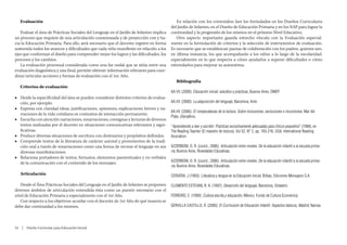 Evaluación                                                                               En relación con los contenidos: leer los formulados en los Diseños Curriculares
                                                                                         del Jardín de Infantes, en el Diseño de Educación Primaria y en los NAP para lograr la
   Evaluar el área de Prácticas Sociales del Lenguaje en el Jardín de Infantes implica   continuidad y la progresión de los mismos en el próximo Nivel Educativo.
un proceso que requiere de una articulación consensuada y de proyección con y ha-           Otro aspecto importante guarda estrecho vínculo con la Evaluación especial-
cia la Educación Primaria. Para ello, será necesario que el docente registre en forma    mente en la formulación de criterios y la selección de instrumentos de evaluación.
sostenida todos los avances y dificultades que cada niño manifieste en relación a los    Es necesario que se establezcan pautas de colaboración con los padres, quienes son,
ejes que conforman el diseño para comprender mejor los logros y las dificultades, los    en última instancia, los que acompañarán a los niños a lo largo de la escolaridad,
procesos y los cambios.                                                                  especialmente en lo que respecta a cómo ayudarlos a superar dificultades o cómo
   La evaluación procesual considerada como una faz nodal que se sitúa entre una         estimularlos para mejorar su autoestima.
evaluación diagnóstica y una final, permite obtener información relevante para coor-
dinar/articular acciones y formas de evaluación con el 1er. Año.
                                                                                            Bibliografía
   Criterios de evaluación
                                                                                         AA.VV. (2009): Educación inicial: estudios y prácticas, Buenos Aires, OMEP.
■■ Desde la especificidad del área se pueden considerar distintos criterios de evalua-
   ción, por ejemplo:                                                                    AA.VV. (2000): La adquisición del lenguaje, Barcelona, Ariel.
■■ Expresa con claridad ideas, justificaciones, opiniones, explicaciones breves y na-
                                                                                         AA.VV. (2006): El rompecabezas de la lectura. Sobre inclusiones, exclusiones e incursiones, Mar del
   rraciones de la vida cotidiana en contextos de interacción permanente.
                                                                                         Plata, Jitanjáfora.
■■ Escucha con atención narraciones, renarraciones, consignas y lecturas de diversos
   textos realizadas por el docente en situaciones comunicativas relevantes y signi-     “Aprendiendo a leer y escribir: Prácticas evolutivamente adecuadas para chicos pequeños” (1998), en
   ficativas.                                                                            The Reading Teacher (El maestro de lectura), Vol 52, N° 2, pp. 193-216, USA, International Reading
■■ Produce diversas situaciones de escritura con destinarios y propósitos definidos.     Asociation.
■■ Comprende textos de la literatura de carácter autoral y provenientes de la tradi-
   ción oral a través de renarraciones como una forma de recrear el lenguaje en sus      AZZERBONI, D. R. (coord., 2006): Articulación entre niveles. De la educación infantil a la escuela prima-
   diversas manifestaciones.                                                             ria, Buenos Aires, Novedades Educativas.
■■ Relaciona portadores de textos, formatos, elementos paratextuales y no verbales
   de la comunicación con el contenido de los mensajes.                                  AZZERBONI, D. R. (coord., 2006): Articulación entre niveles. De la educación infantil a la escuela prima-
                                                                                         ria, Buenos Aires, Novedades Educativas.
   Articulación                                                                          CERVERA, J (1993): Literatura y lengua en la Educación Inicial, Bilbao, Ediciones Mensajero S.A.

   Desde el Área Prácticas Sociales del Lenguaje en el Jardín de Infantes se proponen    CLEMENTE ESTEVAN, R. A. (1997): Desarrollo del lenguaje, Barcelona, Octaedro.
diversos ámbitos de articulación entendida ésta como un puente necesario con el
nivel de Educación Primaria y especialmente con el 1er Año.                              FERREIRO, E. (1999): Cultura escrita y educación, México, Fondo de Cultura Económica.
   Con respecto a los objetivos: acordar con el docente de 1er Año de qué manera se
debe dar continuidad a los mismos.                                                       GERVILLA CASTILLO, Á. (2006): El Currículum de Educación Infantil. Aspectos básicos, Madrid, Narcea.




54  |  Diseño Curricular para Educación Inicial
 