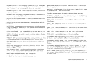 BROITMAN, C. e ITZCOVICH, H. (2003): “Geometría en los primeros años de la EGB: problemas de su         MALAJOVICH, A (2000): “El juego en el Nivel Inicial”, en Recorridos didácticos en la Educación Inicial.
enseñanza, problemas para su enseñanza”, en PANIZZA, M. (comp.), Enseñar Matemática en el Nivel         Buenos Aires, Paidós,
Inicial y el Primer Ciclo de la EGB. Análisis de propuestas, Buenos Aires, Paidós Educador.
                                                                                                        MINISTERIO DE EDUCACIÓN CIENCIA Y TECNOLOGÍA. PRESIDENCIA DE LA NACIÓN (2007): Números
BROITMAN, C. e ITZCOVICH H. (2002): El estudio de las figuras y de los cuerpos geométricos, Buenos      en juego. Nivel Inicial. Vol. 2, Serie Cuadernos para el Aula.
Aires, Novedades Educativas.
                                                                                                        ORTEGA, R. (1990): Jugar y aprender. Una estrategia de intervención educativa, Sevilla, Diada.
BROITMAN, C. (2003): “Análisis didáctico de los problemas involucrados en un juego de dados”, 0 a 5.
La educación en los primeros años, Nº 2, Buenos Aires, Novedades Educativas.                            PANIZZA M. (comp., 2003): Enseñar matemática en el Nivel Inicial y el primer ciclo de la EGB, Análisis y
                                                                                                        propuesta, Buenos Aires, Paidós Educador.
BROUSSEAU, G. (1993): Fundamentos y métodos de la Didáctica de la Matemática, Francia, IREM de
Boudeaux.                                                                                               PARRA, C. (1994): “Cálculo mental en la escuela primaria”, Didáctica de Matemáticas, Buenos Aires,
                                                                                                        Paidós Educador.
BROUSSEAU, G. (2007): Iniciación al estudio de la teoría de las situaciones didácticas, Buenos Aires,
Libros del Zorzal.                                                                                      PARRA, C. y SAIZ, I. (2007): Enseñar aritmética a los más chicos: de la exploración al dominio, Rosario,
                                                                                                        Homo Sapiens.
CASTRO, A. (2000): “Actividades de exploración con cuerpos geométricos. Análisis de una propuesta
de trabajo para la sala de cinco”, en MALAJOVICH, A. (comp.), Recorridos didácticos en la educación     PARRA, C. y SAIZ, I. (1999): Hacer Matemática 1, 2 y 3. Primer ciclo EGB. Libro para el docente, Buenos
inicial, Buenos Aires, Paidós.                                                                          Aires, Estrada.

CERQUETTI F. y BERDONNEAU, A. (1997): Enseñar Matemática en el nivel inicial; Buenos Aires, Edicial     PIAGET, J, (1961): La formación del símbolo en el niño, México, Fondo de Cultura Económica.

CHARNAY, R. (1994): “Aprender (por medio de) la resolución de problemas”, Didáctica de Matemáticas,     PIAGET, J, (1981): El nacimiento de la inteligencia en el niño, Buenos Aires, Ábaco.
Buenos Aires, Paidós Educador.
                                                                                                        QUARANTA, M. E. (1999): “¿Qué entendemos por ‘hacer matemática’ en el Nivel Inicial?”, en 0 a 5.
CHEMELLO, G. (1997): “Las nociones espaciales y geométricas resuelven problemas”, en Guía reflexiva     La educación en los primeros años, Número 2, Buenos Aires, Novedades Educativas.
de actividades para el aprendizaje de la matemática en la educación inicial, Montevideo, MECAEP.
                                                                                                        QUARANTA, M. E. y RESSIA DE MORENO, B. (2004): “El copiado de figuras como un problema geomé-
CHEVALLARD, Y. (1997): La transposición didáctica. Del saber a enseñar al saber enseñado, Buenos        trico para los niños”, en 0 a 5. La educación en los primeros años, Número 56, Buenos Aires, Novedades
Aires, Aique.                                                                                           Educativas.

FAYOL, M.(1994): “Número, numeración y enumeración, qué sabemos de su adquisición”, en Revue            QUARANTA, M. E. y WOLMAN, I. (2003): “Discusiones en las clases de matemáticas: qué, para qué y
Francaise de Pédagogie, Nº 70, Francia.                                                                 cómo se discute”, en PANIZZA, Mabel (comp.), Enseñar matemática en el Nivel Inicial y Primer Ciclo de
                                                                                                        la EGB. Análisis y Propuestas, Buenos Aires, Paidós Educador.
GÁLVEZ, G. (1994): “La geometría, la psicogénesis de las nociones espaciales y la enseñanza de la
geometría en la escuela elemental”, en Didáctica de Matemáticas, Buenos Aires, Paidós Educador.         RESSIA DE MORENO, B. (1997): Geometría: contenidos para el primer ciclo de la EGB, Actualización en
                                                                                                        CBC: Matemática, Municipalidad de Buenos Aires, Dirección de Formación Docente Continua, Secretaría
KAMII, C. (1994): El niño reinventa la Aritmética I, Madrid, Aprendizaje Visor.                         de Educación y Cultura.

KAMII, C. (1994): El niño reinventa la Aritmética II, Madrid, Aprendizaje Visor.


                                                                                                                                                               Diseño Curricular para Educación Inicial  |  71
 