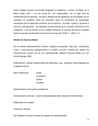 Estos modelos tuvieron una amplia divulgaci¢n en Inglaterra y el País de Gales, en el
Reino Unido, pero "...se les acusa de ser responsables de un bajo nivel de
rendimiento de los alumnos, de estar alejados de las exigencias de la sociedad, de no
mantener un equilibrio entre los diferentes tipos de contenidos de aprendizaje
necesarios para el desarrollo arm¢nico de los alumnos, de estar sujetos a opciones a
menudo contradictorias, de depender excesivamente de la voluntad individual de los
profesores y de los centros y de no reflejar fielmente un acuerdo de toda la sociedad
sobre lo que han de aprender los alumnos en la escuela" (Coll, C., 1990, p.7.)
Modelo de Guevara Niebla.
En el contexto latinoamericano también surgieron propuestas bajo esta perspectiva
cr¡tica y socio-pol¡tica distinguiéndose el modelo curricular modular por objetos de
transformaci¢n siendo uno de sus representantes Gilberto Guevara Niebla (cit. por
A.Díaz Barriga,1995)
Gráficamente pueden representarse los elementos que configuran esta propuesta de
la siguiente forma:
Marco referencial social
económico
político
científico
Determinación de la práctica profesional
Estructuración curricular. Acción interdisciplinaria sobre objeto de transformación
Elaboración de modelos
Evaluación del plan
Fig.7:Modelo curricular modular por objetos de transformación.
30
 