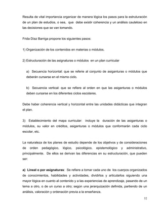 Resulta de vital importancia organizar de manera lógica los pasos para la estruturación
de un plan de estudios, o sea, que debe existir coherencia y un análisis cauteloso en
las decisiones que se van tomando.
Frida Díaz Barriga propone los siguientes pasos:
1) Organización de los contenidos en materias o módulos.
2) Estructuración de las asignaturas o módulos en un plan curricular
a) Secuencia horizontal: que se referie al conjunto de asiganturas o módulos que
deberán cursarse en el mismo ciclo.
b) Secuencia vertical: que se refiere al orden en que las asiganturas o módulos
deben cursarse en los diferentes ciclos escolares.
Debe haber coherencia vertical y horizontal entre las unidades didácticas que integran
el plan.
3) Establecimiento del mapa curricular: incluye la duración de las asiganturas o
módulos, su valor en créditos, asiganturas o módulos que conformarán cada ciclo
escolar, etc.
La naturaleza de los planes de estudio depende de los objetivos y de consideraciones
de orden pedagógico, lógico, psicológico, epistemológico y administrativo,
principalmente. De ellos se derivan las diferencias en su estructuración, que pueden
ser:
a) Lineal o por asignaturas: Se refiere a tomar cada uno de los cuerpos organizados
de conocimientos, habilidades y actividades, dividirlos y articularlos siguiendo una
mayor lógica en cuanto al contenido y a las experiencias de aprendizaje, pasando de un
tema a otro, o de un curso a otro; según una jerarquización definida, partiendo de un
análisis, valoración y ordenación previa a la enseñanza.
52
 