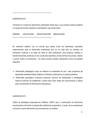 -----------------------------------------------------------------
EJERCICIO #14
Teniendo en cuenta los elementos analizados hasta aquí y sus propios criterios elabore
un esquema donde muestre la interrelación que existe entre:
DISEÑO APLICACIÓN INVESTIGACIÓN INNOVACIÓN
-----------------------------------------------------------------
En estrecha relación con el vínculo que existe entre los elementos valorados
anteriormente está el desarrollo profesional que no es más que un proceso de
formación contínua a lo largo de toda la vida profesional, que produce cambios y
transformaciones positivas en las conductas docentes, en las formas de pensar, valorar
y actuar sobre la enseñanza. En este proceso pueden destacarse como principales
aspectos:
♦ -Desarrollo pedagógico (aquí se destaca la necesidad de que todo programa de
desarrollo profesoral debe dirigirse a enfrentar al docente a su propia práctica).
♦ -Desarrollo psicológico (madurez personal, dominio de habilidades y estrategias
hacia la solución de problemas y sobre todo crear redes de comunicación y apoyo
para comprender los fenómenos educativos).
EJERCICIO #15
Valore la estrategia propuesta por Glatthor (1987), que a continuación le ofrecemos
encaminada a fomentar el desarrollo profesional cooperativo. A partir de su experiencia
incorpore nuevos elementos que enriquezcan su análisis.
63
 