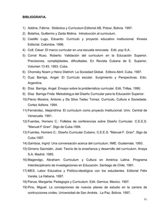 BIBLIOGRAFíA.
1) Addine, Fátima: Didáctica y Curriculum.Editorial AB, Potosí, Bolivia. 1997.
2) Bolaños, Guillermo y Zaida Molina. Introducción al curriculum.
3) Castillo Lugo, Eduardo: Currículo y proyecto educativo institucional. Kinesis
Editorial. Colombia. 1996.
4) Coll, César: El marco curricular en una escuela renovada. Edit. pop S.A.
5) Corral Ruso, Roberto: Validación del curriculum en la Educación Superior.
Precisiones, complejidades, dificultades. En Revista Cubana de E. Superior.
Volumen 13 #3. 1993. Cuba.
6) Chomsky Noam y Heinz Dietrich: La Sociedad Global. Editora Abril. Cuba. 1997.
7) D¡az Barriga, Angel: El Currículo escolar. Surgimiento y Perspectivas. Edic.
Argentina.
8) Díaz Barriga, Angel: Ensayo sobre la problemática curricular. Edit. Trillas. 1990.
9) Díaz Barriga Frida: Metodolog¡a del Diseño Curricular para la Educación Superior.
10) Flavio Moreira, Antonio y Da Silva Tadeu Tomaz: Currículo, Cultura e Sociedade.
Cortez Aditora. 1994.
11) Fernández, Alejandrina: El curriculum como proyecto Institucional. Univ. Central de
Venezuela. 1991.
12) Fuentes, Homero C.: Folletos de conferencias sobre Diseño Curricular. C.E.E.S.
"Manuel F Gran". Stgo de Cuba.1994.
13) Fuentes, Homero C.: Diseño Curricular Cubano. C.E.E.S. "Manuel F. Gran". Stgo de
Cuba.1997.
14) Gamboa, Ingrid: Una conversación acerca del curriculum. IIME. Guatemala. 1993.
15) Gimeno Sacristán, José: Teoría de la enseñanza y desarrollo del currículum. Anaya
S.A. Madrid. 1985.
16) Magendgo, Abraham: Curriculum y Cultura en América Latina. Programa
Interdisciplinario de investigaciones en Educación. Santiago de Chile. 1991.
17) MES. Labor Educativa y Político-ideológica con los estudiantes. Editorial Félix
Varela, La Habana. 1997.
18) Panza, Margarita: Pedagogía y Curriculum. Edit. Gernica. Mexico. 1997.
19) Pino, Miguel: La concepciones de nuevos planes de estudio en la carrera de
contrucciones civiles. Universidad de San Andrés. La Paz, Bolivia. 1997.
91
 