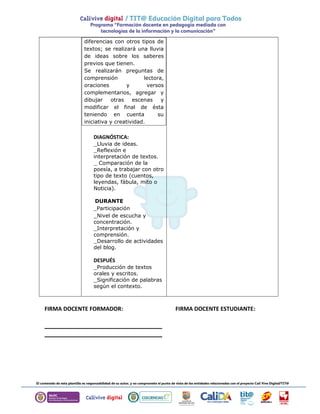 diferencias con otros tipos de 
textos; se realizará una lluvia 
de ideas sobre los saberes 
previos que tienen. 
Se realizarán preguntas de 
comprensión lectora, 
oraciones y versos 
complementarios, agregar y 
dibujar otras escenas y 
modificar el final de ésta 
teniendo en cuenta su 
iniciativa y creatividad. 
DIAGNÓSTICA: 
_Lluvia de ideas. 
_Reflexión e 
interpretación de textos. 
_ Comparación de la 
poesía, a trabajar con otro 
tipo de texto (cuentos, 
leyendas, fábula, mito o 
Noticia). 
DURANTE 
_Participación 
_Nivel de escucha y 
concentración. 
_Interpretación y 
comprensión. 
_Desarrollo de actividades 
del blog. 
DESPUÉS 
_Producción de textos 
orales y escritos. 
_Significación de palabras 
según el contexto. 
FIRMA DOCENTE FORMADOR: FIRMA DOCENTE ESTUDIANTE: 
________________________________ 
________________________________ 
