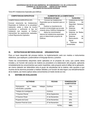 UNIVERSIDAD MAYOR DE SAN ANDRESFAC. DE HUMANIDADES Y CS. DE LA EDUCACIÓN
                       CARRERA CS. DE EDUCACIÓN   UNIDAD DE POST GRADO
                              DIPLOMADO EN EDUCACIÓN SUPERIOR

Tema Nº2 Instalaciones Especiales para Edificios

      COMPETENCIAS ESPECÍFICAS                             ELEMENTOS DE LA COMPETENCIA
                                                      Indicadores de logro                    Contenidos
COMPETENCIA ESPECÍFICA Nº5:                 5.        Conocer las Instalaciones      1. Instalaciones de Gas
                                              Especiales que se requieren para un 2. Sistemas             de
Conocer claramente las Instalaciones
                                              edificio                                   Seguridad, Cámaras
Especiales en Edificios en la actualidad
                                            6.       Explicar su importancia de          alarmas
realizando visitas a obras de mucha
                                              acuerdo a la tecnología que se esta    3. Sistemas          de
importancia y verificando el tipo de
                                              viviendo ahora, Edificios Inteligentes     Incendios
instalación que requiere, al finalizar
                                            7.       Aplica los conocimientos        4. Sistemas de Redes
intercambiar las experiencias realizadas
                                              básicos de instalaciones especiales        de Internet
a Nivel Reproductivo Aplicativo
                                              para un determinado proyecto de        5. Sistemas          de
                                              Edificios                                  Recirculación    de
                                                                                         Aguas
                                                                                      6.   Sistemas    Medio
                                                                                      Ambientales




IX.     ESTRATEGICAS METODOLOGICAS                  ORGANIZATIVAS
Para un buen desarrollo del proceso teórico, la implementación será con medios e instrumentos
didácticos, que expliquen y potencialicen el lenguaje técnico y practico
Todos los conocimientos adquiridos serán aplicados en el proyecto de curso, que cuente datos
iniciales y en función del avance de materia se procederá a la elaboración del proyecto, aplicando
inmediatamente los conocimientos que serán impartidos, este proyecto será el reflejo de la aplicación,
asi mismo deberán ser defendidos ante el grupo de estudiantes de la materia, esto ayudara a que
muchos de los alumnos procedan a realizar debates y en función de esto lograr una retroalimentación
de la materia, asi mismo aplicar estos conocimientos al medio donde se vive.
X.       SISTEMA DE EVALUACION


                         ACTIVIDAD                           FECHAS              PONDERACIÓN
                                                                                 CUANTITATIVA
          Participación     en    clases,    trabajos   Continuo                       10%
          individuales y grupales
          Trabajos de investigación                     Continuo                       10%
          1º Examen Parcial                             26 de Septiembre               15%
          2º Examen Parial                              21 de Noviembre                15%
          Proyecto de Curso                             23 de Noviembre                20%
          Examen Final de Curso                         27 de Noviembre                30%
                                                                      TOTAL           100%
 