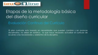 Etapas de la metodología básica
del diseño curricular
“Evaluación Continua del Currículo
El plan curricular esta basado en necesidades que pueden cambiar y en avances
disciplinarios, no debe ser estático, lo que hace necesario actualizar el currículo de
acuerdo a las necesidades y adelantos de la disciplina.
 