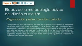 Etapas de la metodología básica
del diseño curricular
“Organización y estructuración curricular
La organización está estructurada en base en los rubros (conocimiento y habilidades
terminales) que contienen el perfil profesional, y se deberá enumerar los conocimientos
y habilidades específicos que adquirirá el profesionista para que se logren los objetivos
derivados de los rubros, se organizan en base a las áreas de conocimiento, temas y
contenidos. Como ejemplo de alternativas curriculares, se encuentra plan lineal o por
asignatura, el plan modular y el plan mixto; como paso siguiente se selecciona la
organización curricular adecuada.
 