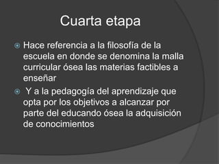 Cuarta etapa
 Hace referencia a la filosofía de la
escuela en donde se denomina la malla
curricular ósea las materias factibles a
enseñar
 Y a la pedagogía del aprendizaje que
opta por los objetivos a alcanzar por
parte del educando ósea la adquisición
de conocimientos
 