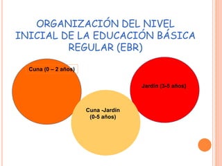 Cuna -Jardín
(0-5 años)
Cuna (0 – 2 años)
Jardín (3-5 años)
ORGANIZACIÓN DEL NIVEL
INICIAL DE LA EDUCACIÓN BÁSICA
REGULAR (EBR)
 