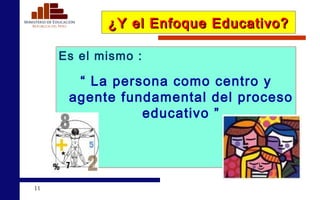 ¿Y el Enfoque Educativo? Es el mismo : “  La persona como centro y agente fundamental del proceso educativo ” 