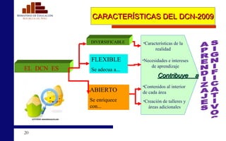 CARACTERÍSTICAS DEL DCN-2009 Contribuye  a EL  DCN  ES   FLEXIBLE Se adecua a... Creación de talleres y áreas adicionales ABIERTO Se enriquece con... Características de la realidad Necesidades e intereses de aprendizaje Contenidos al interior de cada área APRENDIZAJES SIGNIFICATIVOS DIVERSIFICABLE 