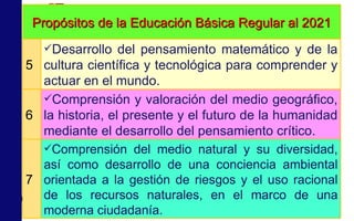 Propósitos de la Educación Básica Regular al 2021 5 Desarrollo del pensamiento matemático y de la cultura científica y tecnológica para comprender y actuar en el mundo. 6 Comprensión y valoración del medio geográfico, la historia, el presente y el futuro de la humanidad mediante el desarrollo del pensamiento crítico. 7 Comprensión del medio natural y su diversidad, así como desarrollo de una conciencia ambiental orientada a la gestión de riesgos y el uso racional de los recursos naturales, en el marco de una moderna ciudadanía. 