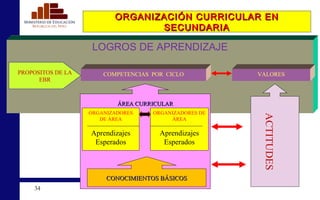 ORGANIZACIÓN CURRICULAR EN SECUNDARIA LOGROS DE APRENDIZAJE VALORES ACTITUDES COMPETENCIAS  POR  CICLO ÁREA CURRICULAR ORGANIZADORES DE ÁREA Aprendizajes Esperados ORGANIZADORES DE ÁREA Aprendizajes Esperados CONOCIMIENTOS BÁSICOS PROPOSITOS DE LA EBR 