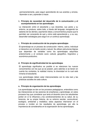 permanentemente, para seguir aprendiendo de sus aciertos y errores.
 Aprenden a ser y aprenden a hacer.


b. Principio de necesidad del desarrollo de la comunicación y el
   acompañamiento en los aprendizajes
La interacción entre el estudiante y sus docentes, sus pares y su
entorno, se produce, sobre todo, a través del lenguaje; recogiendo los
saberes de los demás y aportando ideas y conocimientos propios que le
permiten ser consciente de qué y cómo está aprendiendo y, a su vez,
desarrollar estrategias para seguir en un continuo aprendizaje.


c. Principio de construcción de los propios aprendizajes
El aprendizaje es un proceso de construcción: interno, activo, individual
e interactivo con el medio social y natural. Se utilizan estructuras lógicas
que dependen de variables como los aprendizajes adquiridos
anteriormente y el contexto socio cultural, geográfico, lingüístico y
económico-productivo.


d. Principio de significatividad de los aprendizajes
El aprendizaje significativo es posible si se relacionan los nuevos
conocimientos con los que ya se poseen, pero además si se tienen en
cuenta los contextos, la realidad misma, la diversidad en la cual está
inmerso el estudiante.
Los aprendizajes deben estar interconectados con la vida real y las
prácticas sociales de cada cultura.


e. Principio de organización de los aprendizajes
Los aprendizajes se dan en los procesos pedagógicos, entendidos como
las interacciones en las sesiones de enseñanza y aprendizaje; en estos
procesos hay que considerar que tanto el docente como los estudiantes
portan en sí la influencia y los condicionamientos de su salud, de su
herencia, de su propia historia, de su entorno escolar, sociocultural,
ecológico, ambiental y mediático; estos aspectos intervienen en el
proceso e inciden en los resultados de aprendizaje, por ello la
importancia de considerarlos en la organización de los aprendizajes.




                                                                         12
 
