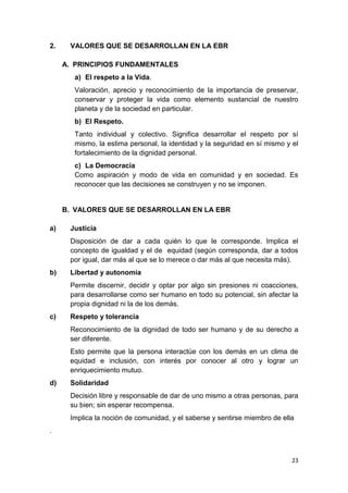 2.    VALORES QUE SE DESARROLLAN EN LA EBR

     A. PRINCIPIOS FUNDAMENTALES
       a) El respeto a la Vida.
       Valoración, aprecio y reconocimiento de la importancia de preservar,
       conservar y proteger la vida como elemento sustancial de nuestro
       planeta y de la sociedad en particular.
       b) El Respeto.
       Tanto individual y colectivo. Significa desarrollar el respeto por sí
       mismo, la estima personal, la identidad y la seguridad en sí mismo y el
       fortalecimiento de la dignidad personal.
       c) La Democracia
       Como aspiración y modo de vida en comunidad y en sociedad. Es
       reconocer que las decisiones se construyen y no se imponen.


     B. VALORES QUE SE DESARROLLAN EN LA EBR

a)    Justicia
      Disposición de dar a cada quién lo que le corresponde. Implica el
      concepto de igualdad y el de equidad (según corresponda, dar a todos
      por igual, dar más al que se lo merece o dar más al que necesita más).
b)    Libertad y autonomía
      Permite discernir, decidir y optar por algo sin presiones ni coacciones,
      para desarrollarse como ser humano en todo su potencial, sin afectar la
      propia dignidad ni la de los demás.
c)    Respeto y tolerancia
      Reconocimiento de la dignidad de todo ser humano y de su derecho a
      ser diferente.
      Esto permite que la persona interactúe con los demás en un clima de
      equidad e inclusión, con interés por conocer al otro y lograr un
      enriquecimiento mutuo.
d)    Solidaridad
      Decisión libre y responsable de dar de uno mismo a otras personas, para
      su bien; sin esperar recompensa.
      Implica la noción de comunidad, y el saberse y sentirse miembro de ella
.



                                                                            23
 