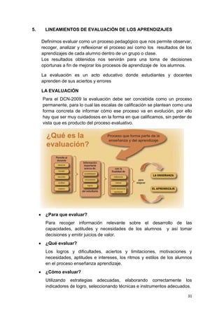 5.    LINEAMIENTOS DE EVALUACIÓN DE LOS APRENDIZAJES

     Definimos evaluar como un proceso pedagógico que nos permite observar,
     recoger, analizar y reflexionar el proceso así como los resultados de los
     aprendizajes de cada alumno dentro de un grupo o clase.
     Los resultados obtenidos nos servirán para una toma de decisiones
     oportunas a fin de mejorar los procesos de aprendizaje de los alumnos.

     La evaluación es un acto educativo donde estudiantes y docentes
     aprenden de sus aciertos y errores

     LA EVALUACIÓN
     Para el DCN-2009 la evaluación debe ser concebida como un proceso
     permanente, para lo cual las escalas de calificación se plantean como una
     forma concreta de informar cómo ese proceso va en evolución, por ello
     hay que ser muy cuidadosos en la forma en que calificamos, sin perder de
     vista que es producto del proceso evaluativo.




      ¿Para que evaluar?
      Para recoger información relevante sobre el desarrollo de las
      capacidades, actitudes y necesidades de los alumnos y así tomar
      decisiones y emitir juicios de valor.
      ¿Qué evaluar?
      Los logros y dificultades, aciertos y limitaciones, motivaciones y
      necesidades, aptitudes e intereses, los ritmos y estilos de los alumnos
      en el proceso enseñanza aprendizaje.
      ¿Cómo evaluar?
      Utilizando estrategias adecuadas, elaborando correctamente los
      indicadores de logro, seleccionando técnicas e instrumentos adecuados.

                                                                            31
 
