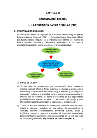 CAPITULO III

                           ORGANIZACIÓN DEL DCN

               I. LA EDUCACIÓN BÁSICA REGULAR (EBR)

1. ORGANIZACIÓN DE LA EBR
  La Educación Básica se organiza en Educación Básica Regular (EBR),
  EducaciónBásica Especial (EBE) y EducaciónBásica Alternativa (EBA).
  LaEducaciónBásica Regular es la modalidadque abarca los niveles de
  EducaciónInicial, Primaria y Secundaria; estádirigida a los niños y
  adolescentesquepasan oportunamente por el procesoeducativo.




  A. FINES DE LA EBR
  a) “Formar personas capaces de lograr su realización ética, intelectual,
     artística, cultural, afectiva, física, espiritual y religiosa, promoviendo la
     formación y consolidación de su identidady autoestima y su integración
     adecuada y crítica a la sociedad para el ejercicio desuciudadanía en
     armonía con su entorno, así como el desarrollo de sus capacidades
     yhabilidadespara vincular su vida con el mundo del trabajo y para
     afrontar los incesantescambiosen la sociedad y el conocimiento”.
  b) “Contribuir a formar una sociedad democrática, solidaria, justa, inclusiva,
     próspera, tolerantey forjadora de una cultura de pazqueaﬁrme la
     identidad nacional sustentadaenla diversidad cultural, étnica y
     lingüística, supere la pobreza e impulse el desarrollo sostenibledel
     paísyfomentelaintegraciónlatinoamericanateniendo en cuenta los retos
     de un mundo globalizado”.Ley General de Educación (Art. 9°)




                                                                                7
 