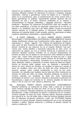 solución ta sus resultados y los problemas cuya solución requiera de relaciones
comunica utilizando requiera de relaciones de posición y desplaza- lenguaje
matemático. métricas y geométricas miento de objetos en el • Interpreta y
valora en la circunferencia, plano. la transformación de círculo, prisma recto y
ﬁguras geométricas en poliedro; argumentando distintos aspectos del con
seguridad, los arte y el diseño. procesos empleados en su solución, y
comunicándolos en lenguaje matemático. • Interpreta relaciones • Resuelve
problemas • Resuelve con autonomía ESTADÍSTICA entre dos variables, en
con datos estadísticos, y formula con seguridad, situaciones de la vida de su
entorno y co- problemas cuya real y las valora utilizan- munica con precisión
solución requiera do el lenguaje gráﬁco. la información obteni- establecer
relaciones da mediante tablas y entre variables, gráﬁcos. organizarlas en tablas
y gráﬁcas estadísticas, interpretarlas y argumentarlas. 189
187. III PARTE PRIMARIA - III CICLO PRIMER GRADO NÚMERO,
RELACIONES Y OPERACIONES CAPACIDADES CONOCIMIENTOS Clasiﬁca
objetos identiﬁcando criterios que Cuantiﬁcadores: todos, algunos, ninguno. los
caracterizan a : “todos”, “algunos”, “nin- Criterios de clasiﬁcación de objetos:
color, guno” de ellos. Seriación de objetos. Interpreta el criterio de seriación de
elemen- Cardinal de una colección. tos de un conjunto. Relación “más que”,
“menos qué”, “tantos Identiﬁca y representa colecciones de obje- como”, en
colecciones de objetos. tos con su cardinal. Ordinal de un elemento en una
colección. Identiﬁca números ordinales con la posición Ordenamiento de
números de hasta dos de objetos en una secuencia. cifras. Identiﬁca la relación
“mayor que”, “menor Valor posicional en números de hasta dos que” o “igual
que” y ordena números natura- cifras: Unidad, Decena. les de hasta dos cifras
en forma ascendente o descendente. Sumandos en un número de hasta dos
cifras. Interpreta, codiﬁca y representa un número natural de hasta dos dígitos.
Adición de números: juntar, agregar, avan- zar. Interpreta y representa la
adición de núme- Adición de números con resultado de hasta ros y calcula su
suma con resultado menor dos cifras. de hasta dos cifras. Sustracción de
números: separar, quitar, Calcula mentalmente la suma de dos núme-
retroceder. ros naturales cuyo resultado sea de hasta dos cifras. Sustracción de
números de hasta dos cifras, sin canjes. Resuelve problemas de adición de
números naturales con resultados de hasta dos cifras. Operaciones
combinadas de adición y sus- tracción. Interpreta y representa la sustracción de
Equivalencias y canjes con monedas de: S/. números naturales de hasta dos
cifras y 1,00, S/. 2,00 y S/. 5,00. calcula su diferencia. 190
188. Matemática PRIMER GRADO CAPACIDADES CONOCIMIENTOS
Resuelve problemas de sustracción de Doble, triple y mitad de un número
menor números naturales de hasta dos cifras, sin que 20. canjes. Secuencias
gráﬁcas y numéricas. Resuelve problemas con operaciones Sistema monetario:
equivalencias y canjes combinadas de adición y sustracción de con monedas.
números naturales de hasta dos cifras. Patrones aditivos. Resuelve problemas
que implican la no- ción de doble, triple y mitad de números naturales menores
que 20. Interpreta secuencias numéricas y gráﬁ- cas. ACTITUDES Muestra
curiosidad por buscar patrones. Muestra predisposición por el uso del lenguaje
simbólico y gráﬁco. Muestra autonomía y conﬁanza al efectuar cálculos de
adición y sustracción. 191
 