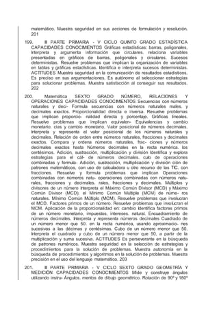 matemático. Muestra seguridad en sus acciones de formulación y resolución.
201
199. III PARTE PRIMARIA - V CICLO QUINTO GRADO ESTADÍSTICA
CAPACIDADES CONOCIMIENTOS Gráﬁcas estadísticas: barras, poligonales,
Interpreta y argumenta información que circulares. relaciona variables
presentadas en gráﬁcos de barras, poligonales y circulares. Sucesos
deterministas. Resuelve problemas que implican la organización de variables
en tablas y gráﬁcas estadísticas. Identiﬁca e interpreta sucesos deterministas.
ACTITUDES Muestra seguridad en la comunicación de resultados estadísticos.
Es preciso en sus argumentaciones. Es autónomo al seleccionar estrategias
para solucionar problemas. Muestra satisfacción al conseguir sus resultados.
202
200. Matemática SEXTO GRADO NÚMERO, RELACIONES Y
OPERACIONES CAPACIDADES CONOCIMIENTOS Secuencias con números
naturales y deci- Formula secuencias con números naturales males. y
decimales exactos. Proporcionalidad directa e inversa. Resuelve problemas
que implican proporcio- nalidad directa y porcentaje. Gráﬁcas lineales.
Resuelve problemas que implican equivalen- Equivalencias y cambio
monetario. cias y cambio monetario. Valor posicional de números decimales.
Interpreta y representa el valor posicional de los números naturales y
decimales. Relación de orden entre números naturales, fracciones y decimales
exactos. Compara y ordena números naturales, frac- ciones y números
decimales exactos hasta Números decimales en la recta numérica. los
centésimos. Adición, sustracción, multiplicación y división Identiﬁca y explora
estrategias para el cál- de números decimales. culo de operaciones
combinadas y formula- Adición, sustracción, multiplicación y división ción de
patrones matemáticos, con uso de calculadora u otro recurso de las TIC. con
fracciones. Resuelve y formula problemas que implican Operaciones
combinadas con números natu- operaciones combinadas con números natu-
rales, fracciones y decimales. rales, fracciones y decimales. Múltiplos y
divisores de un número Interpreta el Máximo Común Divisor (MCD) y Máximo
Común Divisor (MCD). el Mínimo Común Múltiple (MCM) de núme- ros
naturales. Mínimo Común Múltiplo (MCM). Resuelve problemas que involucran
el MCD. Factores primos de un número. Resuelve problemas que involucran el
MCM. Aplicación de la proporcionalidad en: cambio Identiﬁca factores primos
de un número monetario, impuestos, intereses. natural. Encuadramiento de
números decimales. Interpreta y representa números decimales Cuadrado de
un número menor que 50. en la recta numérica, usando aproximacio- nes
sucesivas a las décimas y centésimas. Cubo de un número menor que 50.
Interpreta el cuadrado y cubo de un número menor que 50, a partir de la
multiplicación y suma sucesiva. ACTITUDES Es perseverante en la búsqueda
de patrones numéricos. Muestra seguridad en la selección de estrategias y
procedimientos para la solución de problemas. Muestra autonomía en la
búsqueda de procedimientos y algoritmos en la solución de problemas. Muestra
precisión en el uso del lenguaje matemático. 203
201. III PARTE PRIMARIA - V CICLO SEXTO GRADO GEOMETRÍA Y
MEDICIÓN CAPACIDADES CONOCIMIENTOS Mide y construye ángulos
utilizando instru- Ángulos. mentos de dibujo geométrico. Rotación de 90º y 180º
 