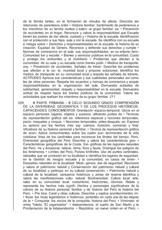 de la familia lantes. en la formación de vínculos de afecto. Describe las
relaciones de parentesco entre • Historia familiar. Sentimiento de pertenencia a
los miembros de su familia nuclear y exten- un grupo familiar. sa. • Prevención
de accidentes en el hogar. Reconoce y valora la responsabilidad que Escuela
tienen los padres de dar afecto, cuidado y • Historia de la escuela. Identiﬁcación
con el protección a sus hijos. aula y con la escuela. Se identiﬁca con su escuela
e indaga sobre • Derechos y responsabilidades en la escuela. la historia de su
creación. Equidad de Género. Reconoce y deﬁende sus derechos y cumple •
Normas de convivencia en el aula. sus responsabilidades, en su entorno fami-
Comunidad liar y escolar. • Bienes y servicios públicos en la comunidad. Cuida
y protege los ambientes y el mobiliario • Problemas que afectan a la
comunidad. de su aula y su escuela como bienes públi- • Medios de transporte.
cos. • Prevención de accidentes. Señales de tránsi- Describe los problemas
que afectan a la co- to. munidad local y propone soluciones. Identiﬁca los
medios de transporte en su comunidad local y respeta las señales de tránsito.
ACTITUDES Aprecia sus características y sus cualidades personales así como
las de otras personas. Respeta los acuerdos y normas de convivencia y acepta
responsabilidades en la organización del aula. Demuestra actitudes de
solidaridad, generosidad, respeto y responsabilidad en la escuela. Demuestra
actitud de respeto hacia los bienes públicos de la comunidad. Valora las
actividades que realizan los miembros de su grupo familiar. 211
209. III PARTE PRIMARIA - III CICLO SEGUNDO GRADO COMPRENSIÓN
DE LA DIVERSIDAD GEOGRÁFICA Y DE LOS PROCESOS HISTÓRICOS.
CAPACIDADES CONOCIMIENTOS Orientación espacio-temporal. Ubica en el
espacio personas, lugares, objetos y sucesos, utilizando puntos de • Técnicas
de representación gráﬁca del es- referencia espacial y nociones temporales.
pacio: maquetas y croquis. • Nociones temporales: antes-después; se- Expresa
su aprecio por los hechos más sig- cuencia, duración, comienzo y ﬁnal.
niﬁcativos de su historia personal y familiar. • Técnica de representación gráﬁca
de acon- Aplica conocimientos sobre los cuatro pun- tecimientos de la vida
cotidiana: línea de tos cardinales para reconocer los límites del tiempo. Perú.
Diversidad geográﬁca del Perú Describe y valora las características geo- •
Características geográﬁcas de la Costa, Sie- gráﬁcas de las regiones naturales
del Perú. rra y Amazonía: relieve, clima, ﬂora y fauna. Distingue los peligros de
los fenómenos • Límites del Perú. Países limítrofes. Uso de puntos cardinales.
naturales que se producen en su localidad e identiﬁca los lugares de seguridad,
en la Gestión de riesgos escuela y la comunidad, en casos de emer- •
Desastres naturales en la localidad. Medi- gencia. das de seguridad. Reconoce
y valora el patrimonio natural y Conservación del patrimonio natural y cultural
de su localidad y participa en su cultural conservación. • Patrimonio natural y
cultural de la localidad: santuarios históricos y zonas de reserva Identiﬁca y
valora las manifestaciones cultu- natural. Biodiversidad. Cultura local: arte,
rales en su comunidad local. costumbres, tradiciones, idiomas. Relata y
representa los hechos más signiﬁ- Hechos y personajes signiﬁcativos de la
cativos de su historia personal, familiar y de historia del Perú la historia del
Perú. • Pre Inca: Caral y otras culturas. Describe y explica acontecimientos im-
• Incas: los incas legendarios e históricos. portantes en cada una de las etapas
de la • Conquista: los socios de la conquista. historia del Perú. • Virreinato: el
virrey Toledo “El organizador”. • Independencia: el sueño de San Martín y la
Proclamación de la Independencia. • República: un nuevo orden en el Perú. •
 