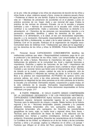 en la pro- milia de proteger a los niños de situaciones de tección de los niños y
niñas frente a situa- violencia sexual y física. ciones de violencia sexual y física.
• Problemas al interior de una familia. Explica la importancia del agua para la
vida en • Medidas de prevención de accidentes en el el planeta y pone en
práctica acciones de cui- hogar. dado y uso racional del agua. Evalúa la
práctica de las normas de conviven- Escuela. cia en la escuela y propone
estímulos y san- • Normas de convivencia en la escuela: estí- ciones para
contribuir a su cumplimiento. mulos y sanciones. Reconoce su derecho a la
alimentación, al • Derechos de las personas con necesidades deporte y a la
recreación. especiales. Identiﬁca y valora los derechos de las perso- •
Derechos a la alimentación, a la salud, al nas con necesidades especiales.
deporte y a la recreación. Demuestra responsabilidad en el cuidado de • El
Código del Niño y Adolescente. su salud y de la salud colectiva. • Brigadas de
Defensa Civil en la escuela. Participa en la organización de brigadas esco-
Comunidad lares de Defensa Civil. • Instituciones que velan por la seguridad y
por los derechos de los niños y niñas: la DEMUNA, Policía Nacional, INABIF.
216
214. Personal Social CAPACIDADES CONOCIMIENTOS Identiﬁca las
instituciones públicas que velan • Responsabilidad ciudadana: pago de tri- por
la protección y los derechos de los niños. butos. Los comprobantes de pago,
boleta de venta y factura. Reconoce la importancia del pago a los tribu- •
Instituciones de gobierno en la comunidad tos. local y regional: funciones e
importancia. Describe y explica las funciones de las insti- • Importancia del
agua para la vida en el tuciones de gobierno local y señala la impor- planeta.
Cuidado y uso racional. tancia que tienen para el mejoramiento de la • Normas
de tránsito en la ciudad y preven- calidad de vida de la población. ción de
accidentes. Identiﬁca e interpreta las normas de tránsi- to en la ciudad y las
lleva a la práctica con responsabilidad. ACTITUDES Se aprecia como una
persona valiosa, así como a las otras personas. Expresa sus sentimientos
respetando la integridad de las otras personas en la vida cotidiana de la familia,
la escuela y la comunidad. Demuestra respeto, cooperación y ayuda mutua, en
la vida cotidiana de la escuela. Demuestra responsabilidad ciudadana
exigiendo su comprobante de pago. Toma decisiones responsables en forma
individual y en grupo. 217
215. III PARTE PRIMARIA - IV CICLO CUARTO GRADO COMPRENSIÓN
DE LA DIVERSIDAD GEOGRÁFICA Y DE LOS PROCESOS HISTÓRICOS.
CAPACIDADES CONOCIMIENTOS Aplica nociones espaciales para ubicar y
Orientación espacio -temporal representar lugares de su entorno local. •
Técnicas para la elaboración de croquis y mapas. Relata hechos de la historia
regional y los re- • Nociones temporales: pasado, presente y fu- presenta
utilizando medidas temporales: año, turo. quinquenio, decenio, siglo. •
Categorías temporales: año, quinquenio, de- Describe las características
geográﬁcas de cenio, siglo. su medio local y regional: clima, ﬂora, fauna, •
Técnicas para la elaboración de líneas de relieve y las relaciona con las
actividades eco- tiempo y cuadros cronológicos. nómicas que realiza la
población. Diversidad geográﬁca. Describe las características de la Cordillera •
La Cordillera de los Andes, su inﬂuencia en el de los Andes y de las corrientes
marinas y clima y el paisaje. explica su inﬂuencia en el clima y el paisaje •
Factores que inﬂuyen en el clima del Perú: peruano. Corriente Peruana de
 