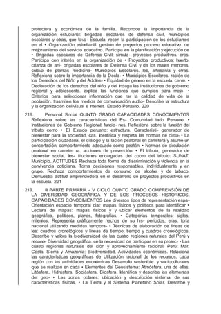 protectora y económica de la familia. Reconoce la importancia de la
organización estudiantil: brigadas escolares de defensa civil, municipios
escolares y otras, que favo- Escuela. recen la participación de los estudiantes
en el • Organización estudiantil: gestión de proyectos proceso educativo. de
mejoramiento del servicio educativo. Participa en la planiﬁcación y ejecución de
• Brigadas escolares de Defensa Civil: simula- proyectos productivos. cros.
Participa con interés en la organización de • Proyectos productivos: huerto,
crianza de ani- brigadas escolares de Defensa Civil y de los males menores,
cultivo de plantas medicina- Municipios Escolares. les, artesanía y otras.
Reﬂexiona sobre la importancia de la Decla- • Municipios Escolares. ración de
los Derechos del Niño y del Adoles- • Equidad de género en la escuela. cente. •
Declaración de los derechos del niño y del Indaga las instituciones de gobierno
regional y adolescente. explica las funciones que cumplen para mejo- •
Criterios para seleccionar información que rar la calidad de vida de la
población. trasmiten los medios de comunicación audio- Describe la estructura
y la organización del visual e Internet. Estado Peruano. 220
218. Personal Social QUINTO GRADO CAPACIDADES CONOCIMIENTOS
Reﬂexiona sobre las características del Es- Comunidad tado Peruano. •
Instituciones de Gobierno Regional: funcio- nes. Reﬂexiona sobre la función del
tributo como • El Estado peruano: estructura. Característi- generador de
bienestar para la sociedad. cas. Identiﬁca y respeta las normas de circu- • La
participación ciudadana, el diálogo y la lación peatonal en carretera y asume un
concertación. comportamiento adecuado como peatón. • Normas de circulación
peatonal en carrete- ra: acciones de prevención. • El tributo, generador de
bienestar social. Ins- tituciones encargadas del cobro del tributo: SUNAT,
Municipio. ACTITUDES Rechaza toda forma de discriminación y violencia en la
convivencia cotidiana. Toma decisiones responsables, individualmente y en
grupo. Rechaza comportamientos de consumo de alcohol y de tabaco.
Demuestra actitud emprendedora en el desarrollo de proyectos productivos en
la escuela. 221
219. III PARTE PRIMARIA - V CICLO QUINTO GRADO COMPRENSIÓN DE
LA DIVERSIDAD GEOGRÁFICA Y DE LOS PROCESOS HISTÓRICOS.
CAPACIDADES CONOCIMIENTOS Lee diversos tipos de representación espa-
Orientación espacio temporal cial: mapas físicos y políticos para identiﬁcar •
Lectura de mapas: mapas físicos y y ubicar elementos de la realidad
geográﬁca. políticos, planos, fotografías. • Categorías temporales: siglos,
milenios, Representa gráﬁcamente hechos de su his- periodos, eras. toria
nacional utilizando medidas tempora- • Técnicas de elaboración de líneas de
les: cuadros cronológicos y líneas de tiempo. tiempo y cuadros cronológicos.
Describe y valora la biodiversidad de las cuatro regiones naturales del Perú y
recono- Diversidad geográﬁca. ce la necesidad de participar en su protec- • Las
cuatro regiones naturales del ción y aprovechamiento racional. Perú: Mar,
Costa, Sierra y Amazonía: Biodiversidad. Actividades económicas. Relaciona
las características geográﬁcas de Utilización racional de los recursos. cada
región con las actividades económicas Desarrollo sostenible. y socioculturales
que se realizan en cada • Elementos del Geosistema: Atmósfera, una de ellas.
Litósfera, Hidrósfera, Sociósfera, Biosfera. Identiﬁca y describe los elementos
del geo- • Las zonas polares: ubicación y descripción sistema. de sus
características físicas. • La Tierra y el Sistema Planetario Solar. Describe y
 